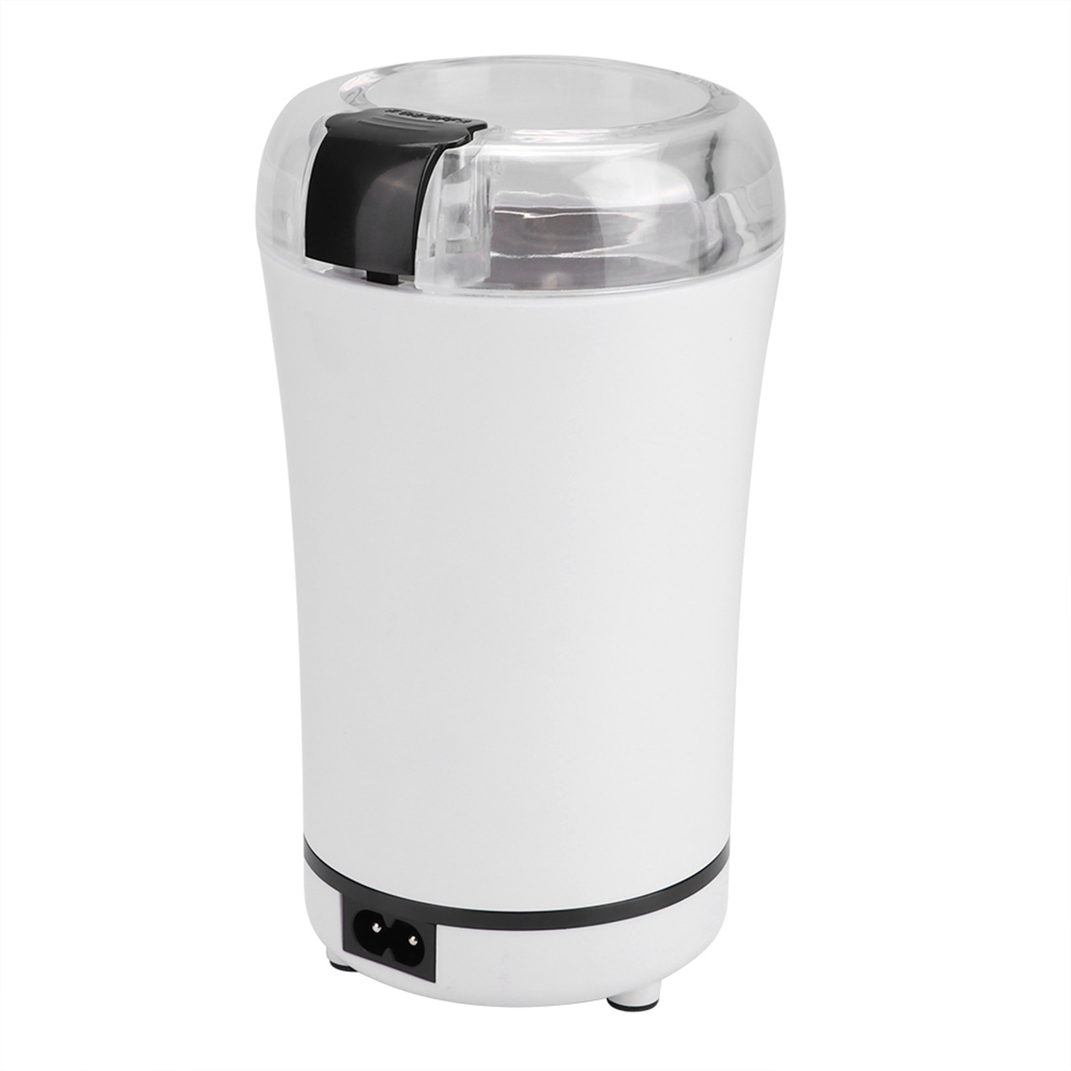 Eine weiße elektrische Kaffeemühle mit transparentem Deckel.