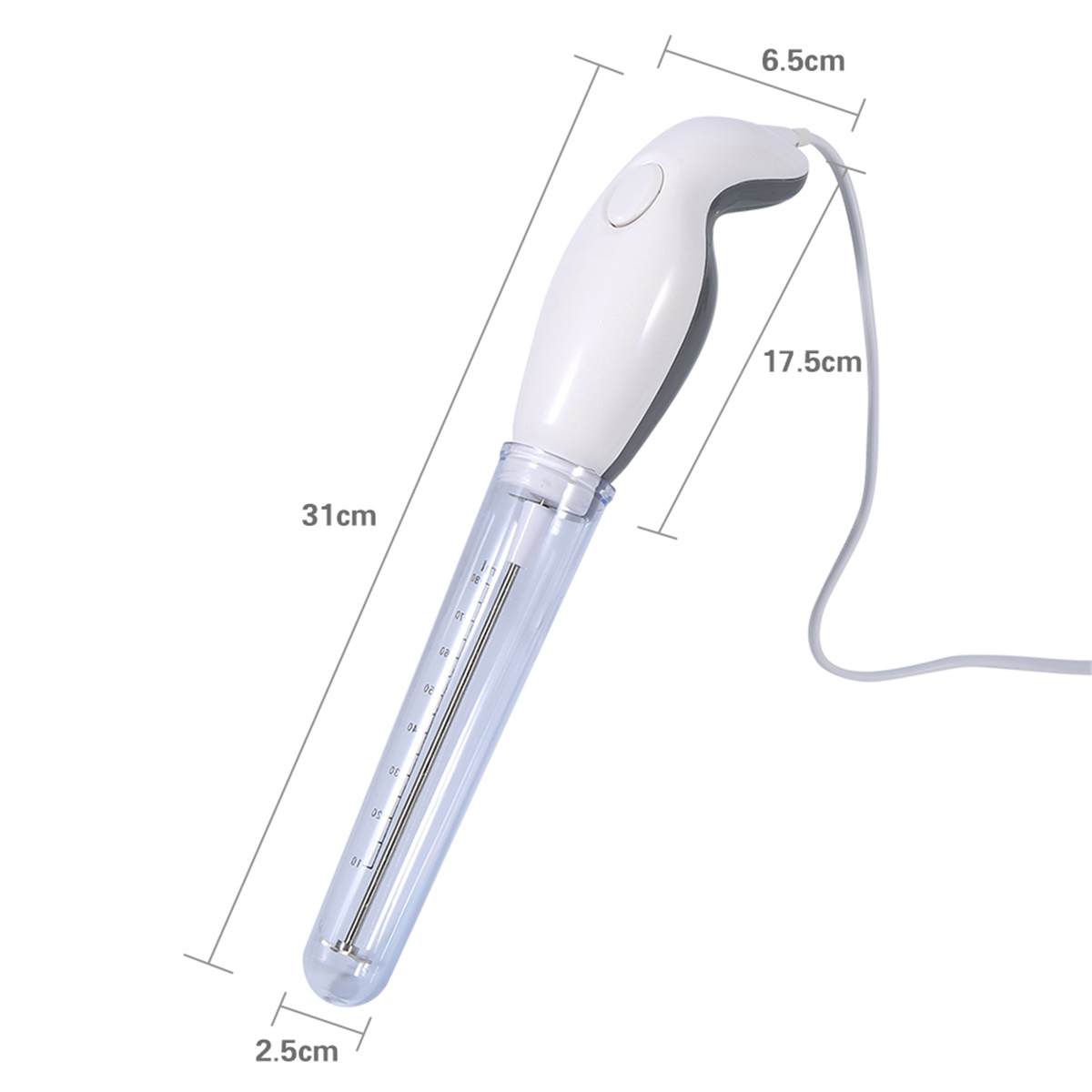 Weißer Stabmixer mit Messungen. Zeigt Abmessungen: 31 cm lang, 17,5 cm Griff, 2,5 cm Basis und 6,5 cm oben.