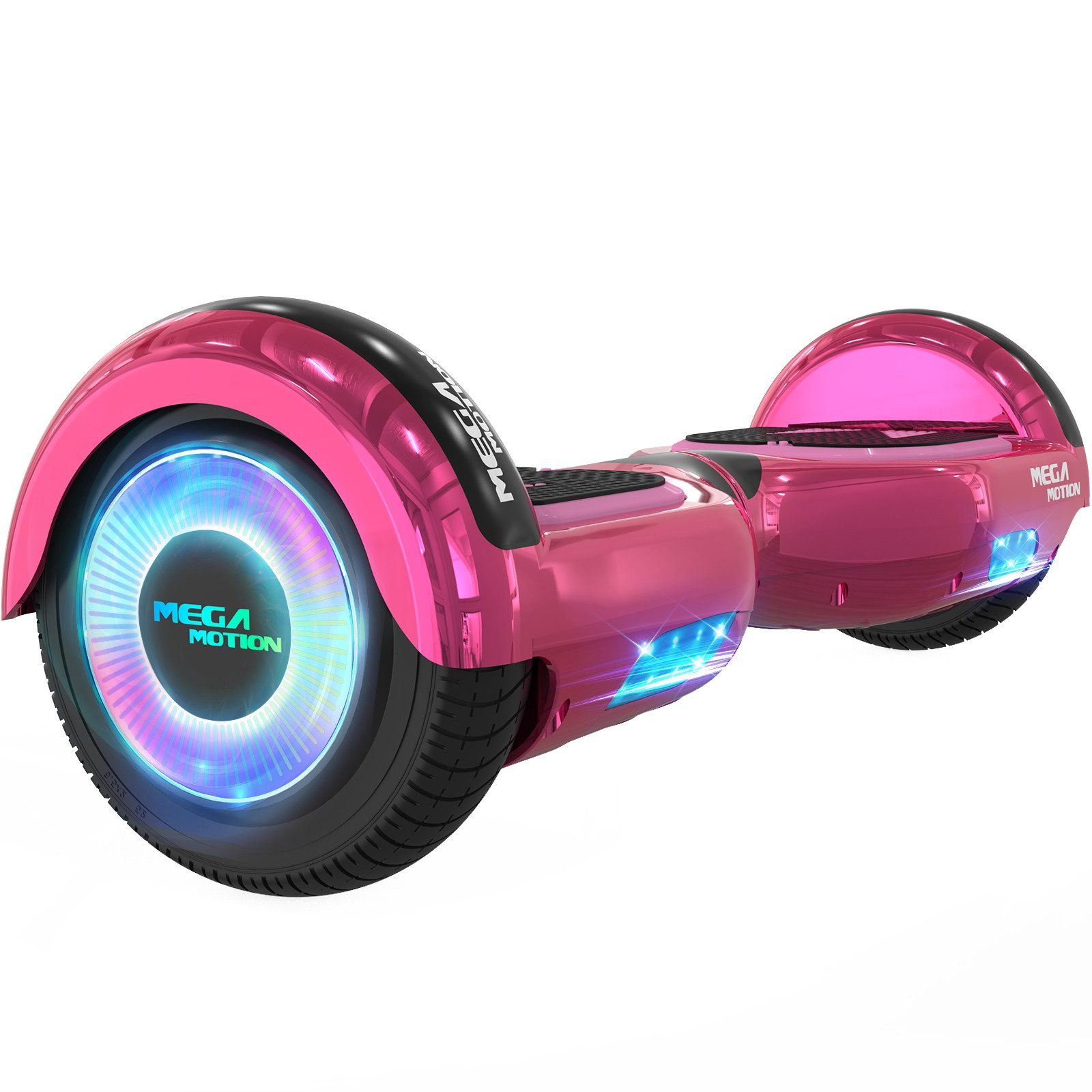 Ein pinkfarbenes Hoverboard mit blauen und weißen Lichtern auf weißem Grund.