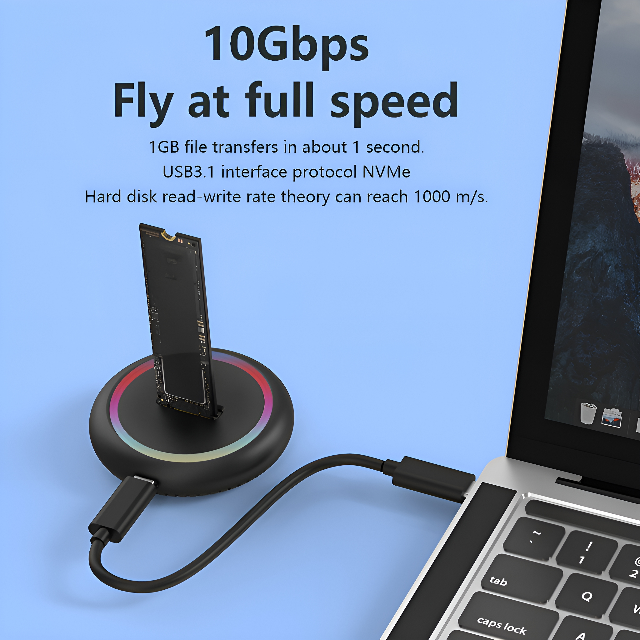 Ein schwarzes und graues Gerät. Das Gerät ist mit einem Laptop verbunden. Text über USB 3.1 Schnittstelle.