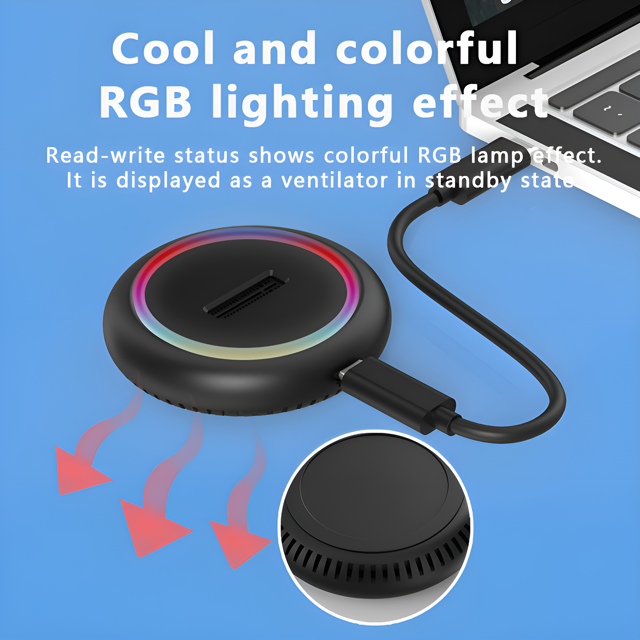 Schwarzes, rundes Gerät mit RGB-Lichtern, verbunden mit einem Laptop über ein USB-Kabel, und rote Pfeile.