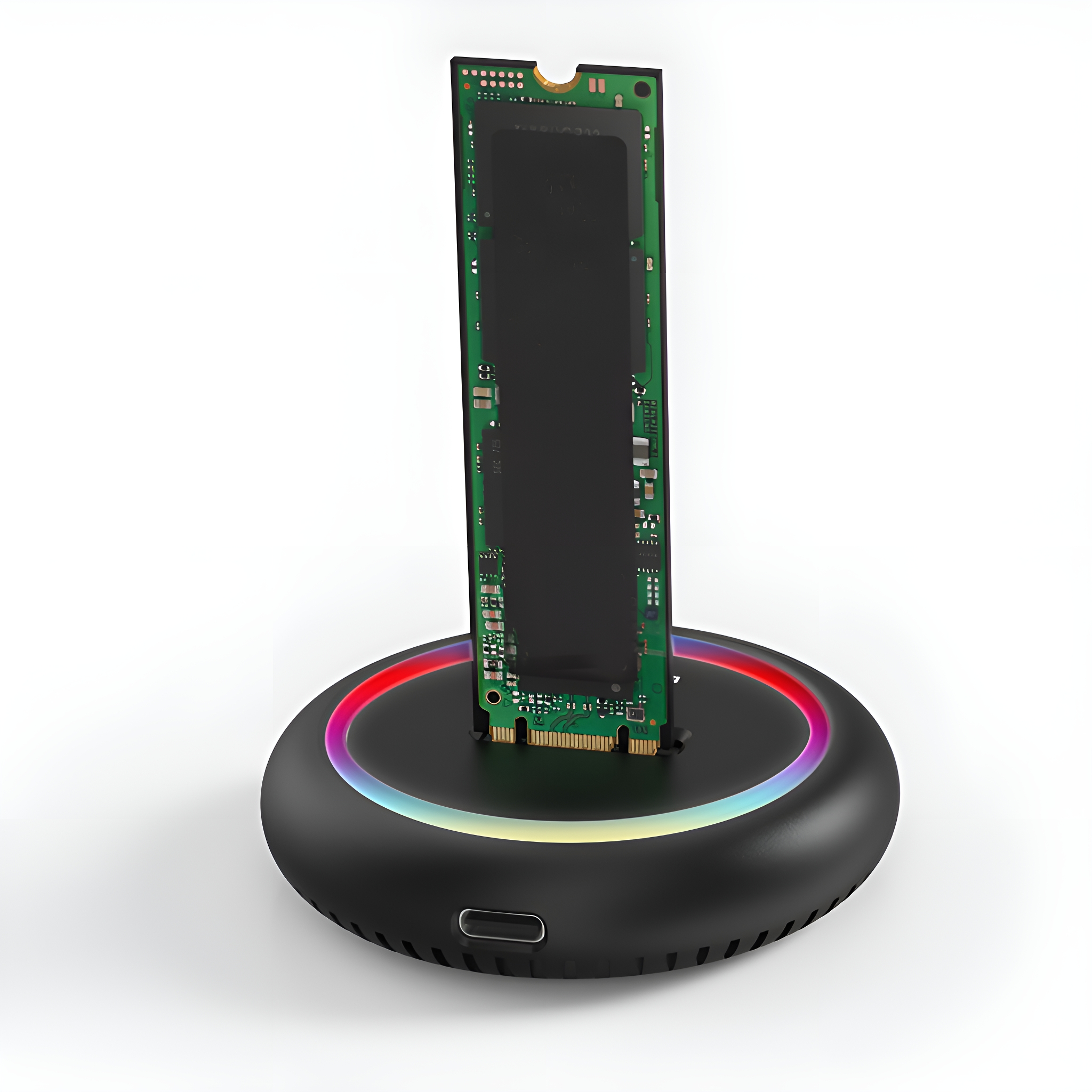 Schwarzer SSD-Leser mit RGB-Beleuchtung um die Basis und eingesetzter SSD.