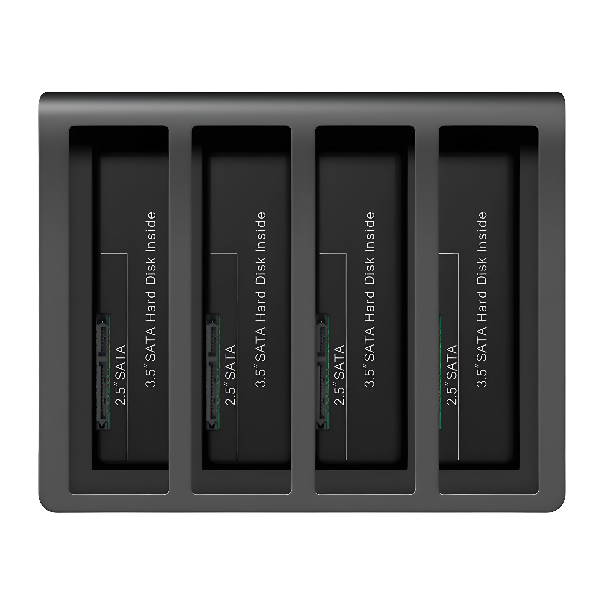 Graues Festplattengehäuse mit vier Schlitzen, beschriftet für 2,5" und 3,5" SATA-Festplatten.