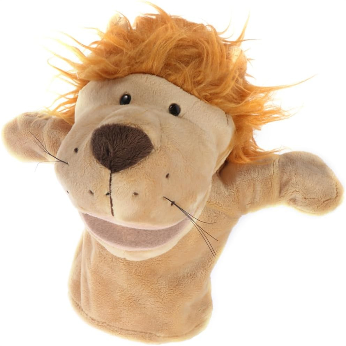 Eine Löwenpuppe mit beigem Gesicht, orangefarbener Mähne und schwarzen Schnurrhaaren. Der Mund ist offen.