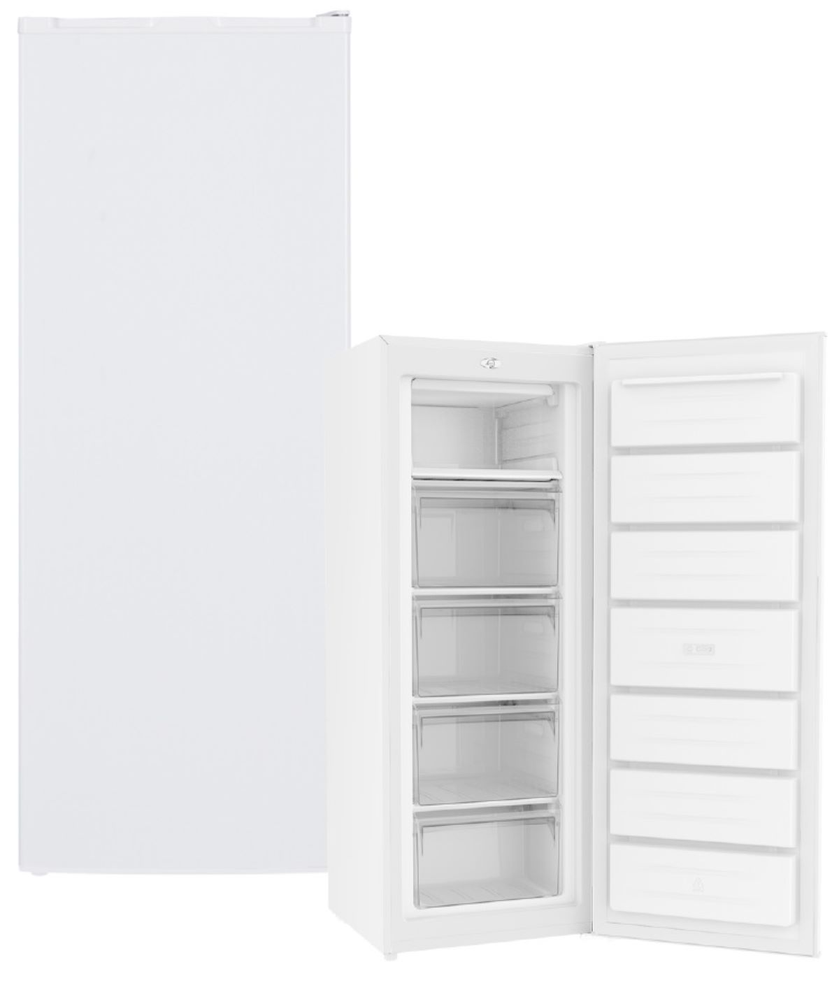 Weißer Gefrierschrank und geöffneter Gefrierschrank mit Regalen und Schubladen. Weißer Hintergrund.