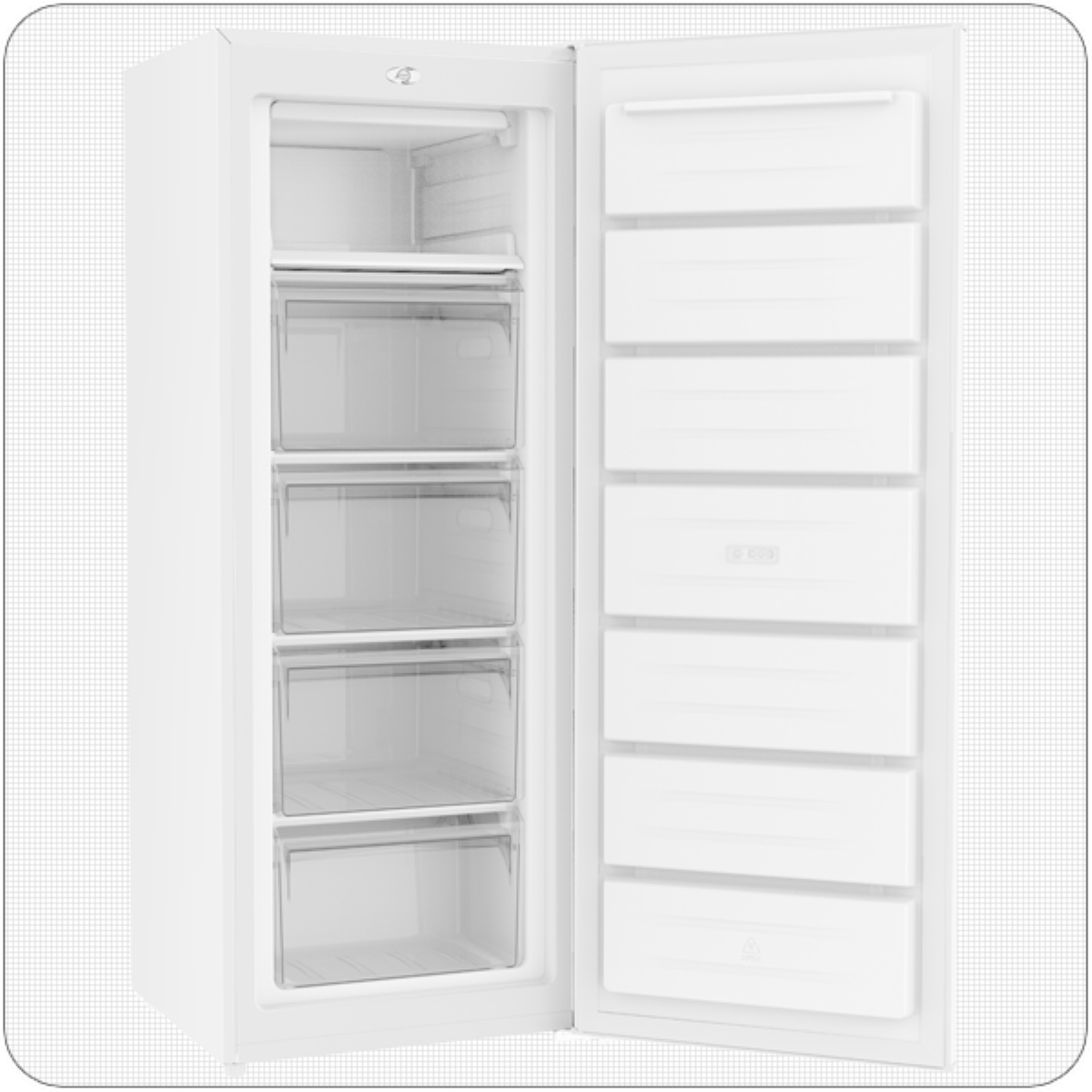 Ein weißer Kühlschrank mit geöffneter Tür, der Regale und Schubladen zeigt. Das Innere ist weiß und leer.