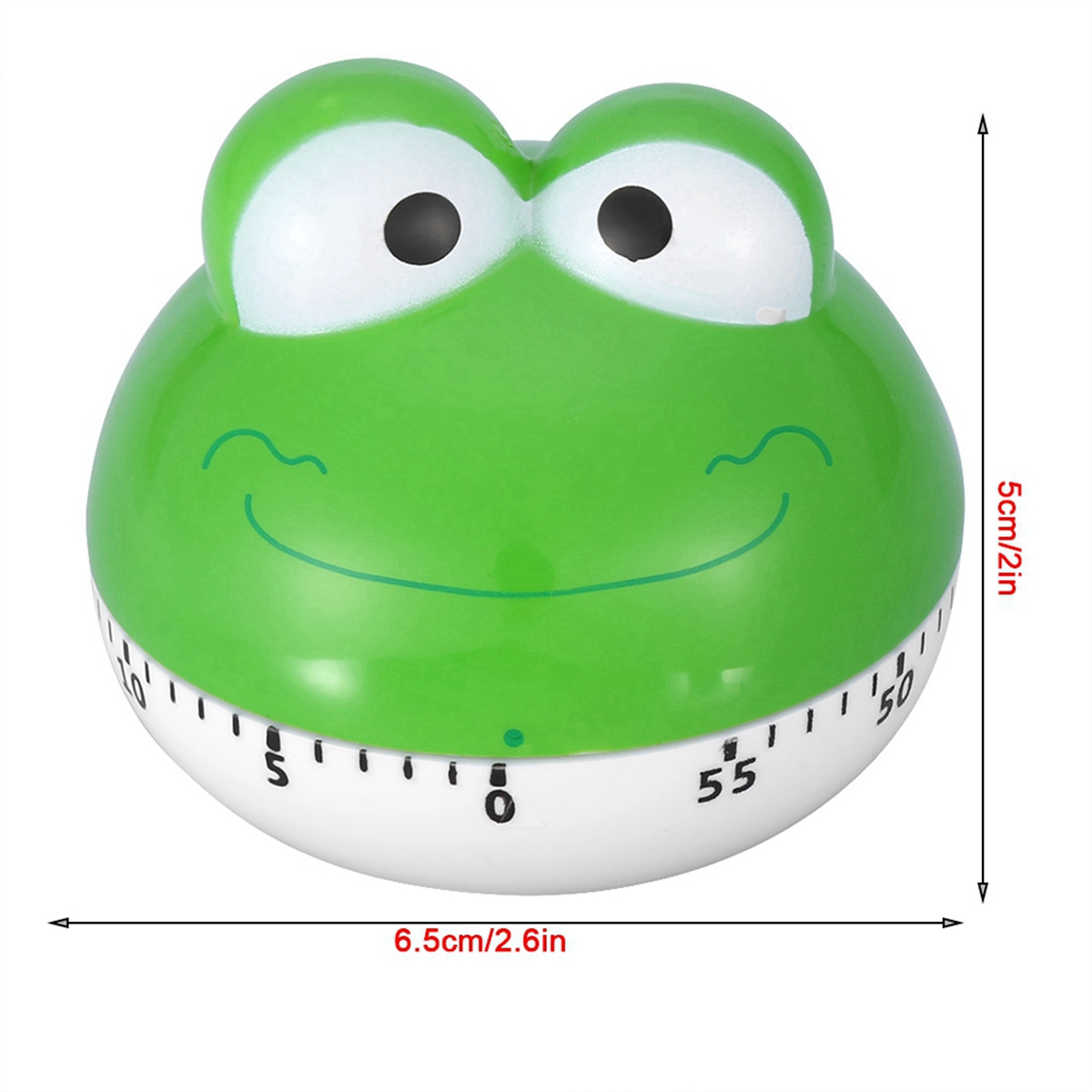 Grüner froschförmiger Timer mit weißen Zahlen und einem Zifferblatt.