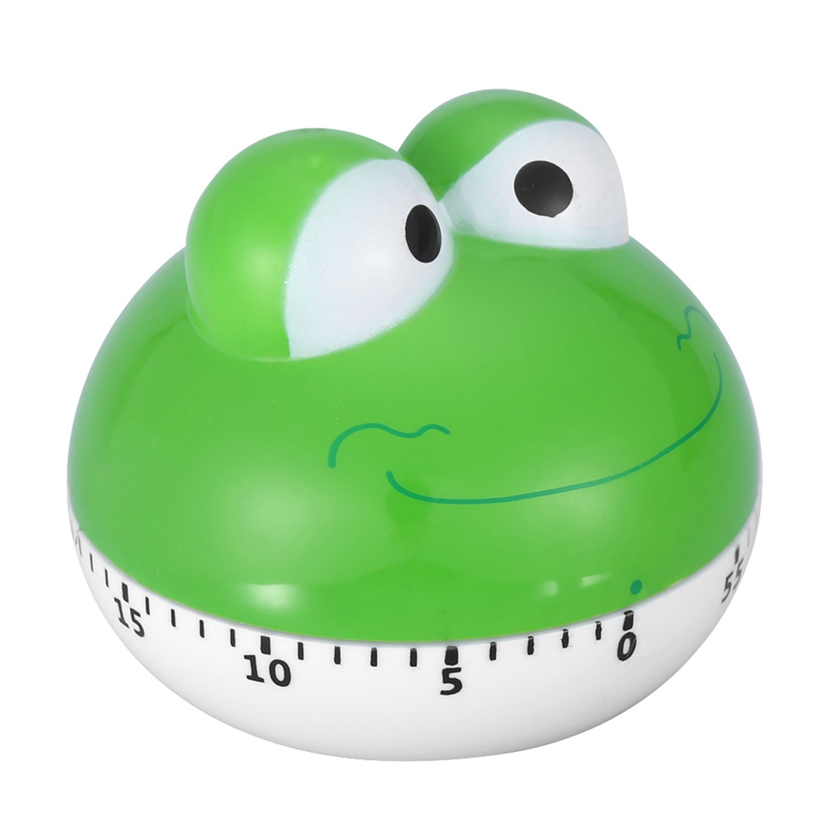 Grüner froschförmiger Timer mit weißem Sockel und schwarzen Zahlen. Hat ein lächelndes Gesicht.
