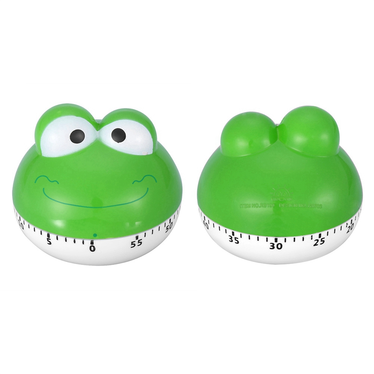 Zwei grüne froschförmige Timer mit weißen Zifferblättern und schwarzen Zahlen.