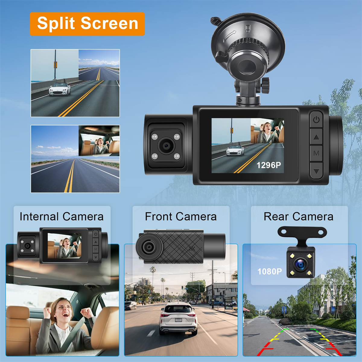 Ein Dashcam mit drei Ansichten: vorne, innen und hinten. Jede Ansicht zeigt eine andere Perspektive der Straße.