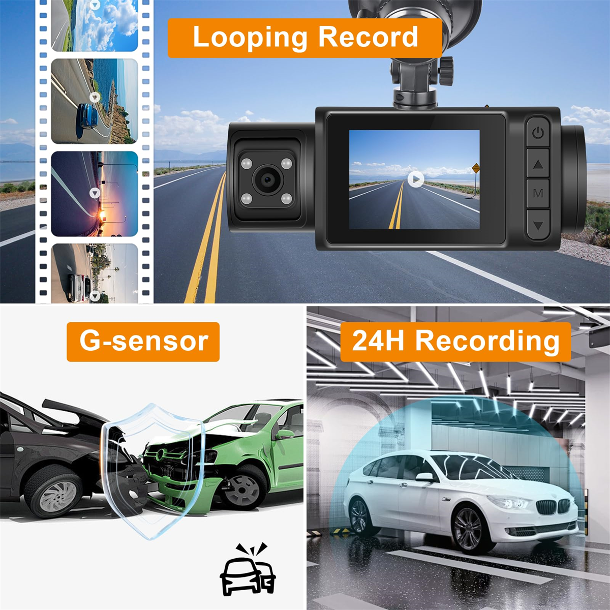 Eine Dashcam mit Bildschirm, Knöpfen und einem Diagramm eines Autounfalls.