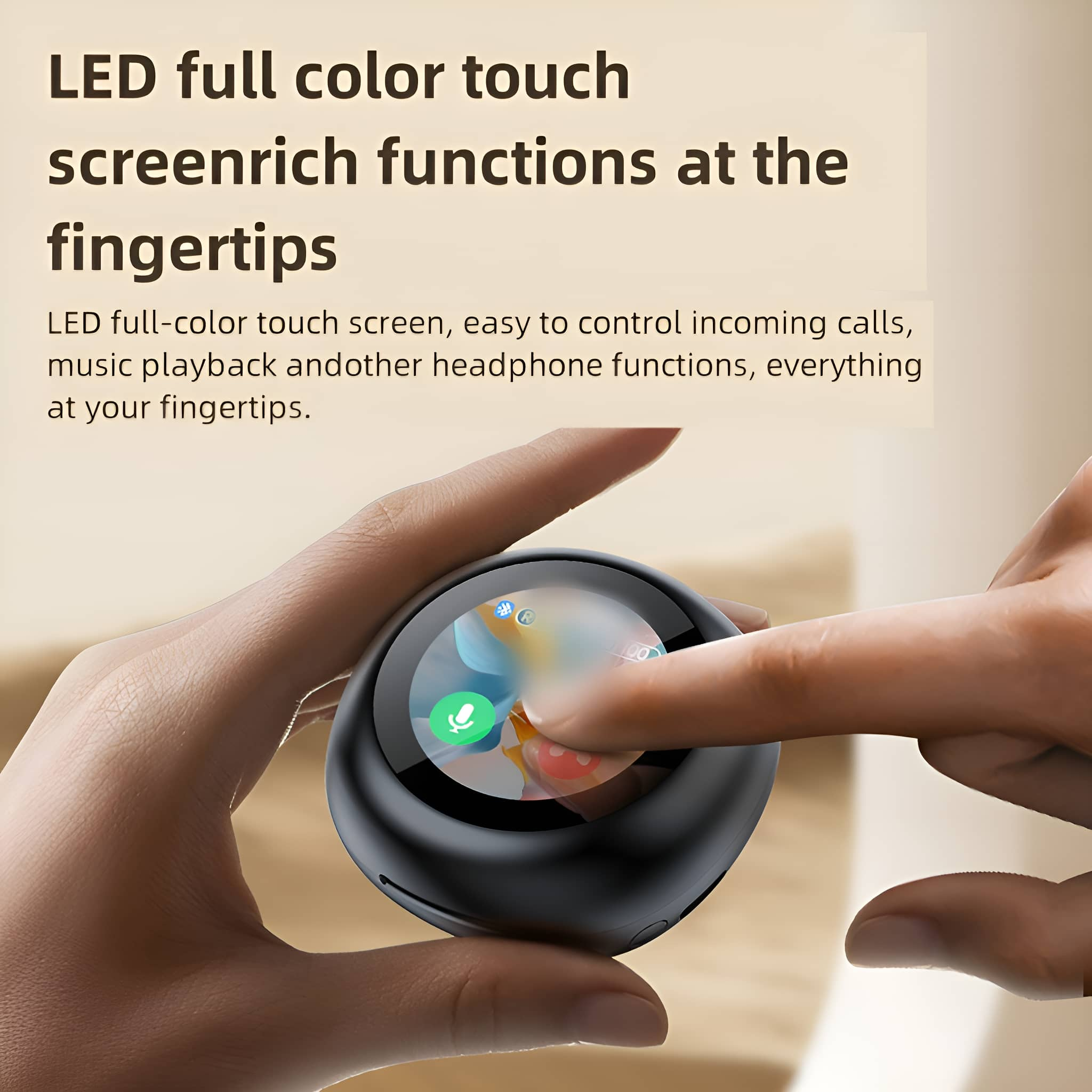 Die Hand einer Person berührt einen Smartwatch-Bildschirm. Text mit der Aufschrift: „LED-Vollfarb-Touchscreenreiche Funktionen an Ihren Fingerspitzen“.