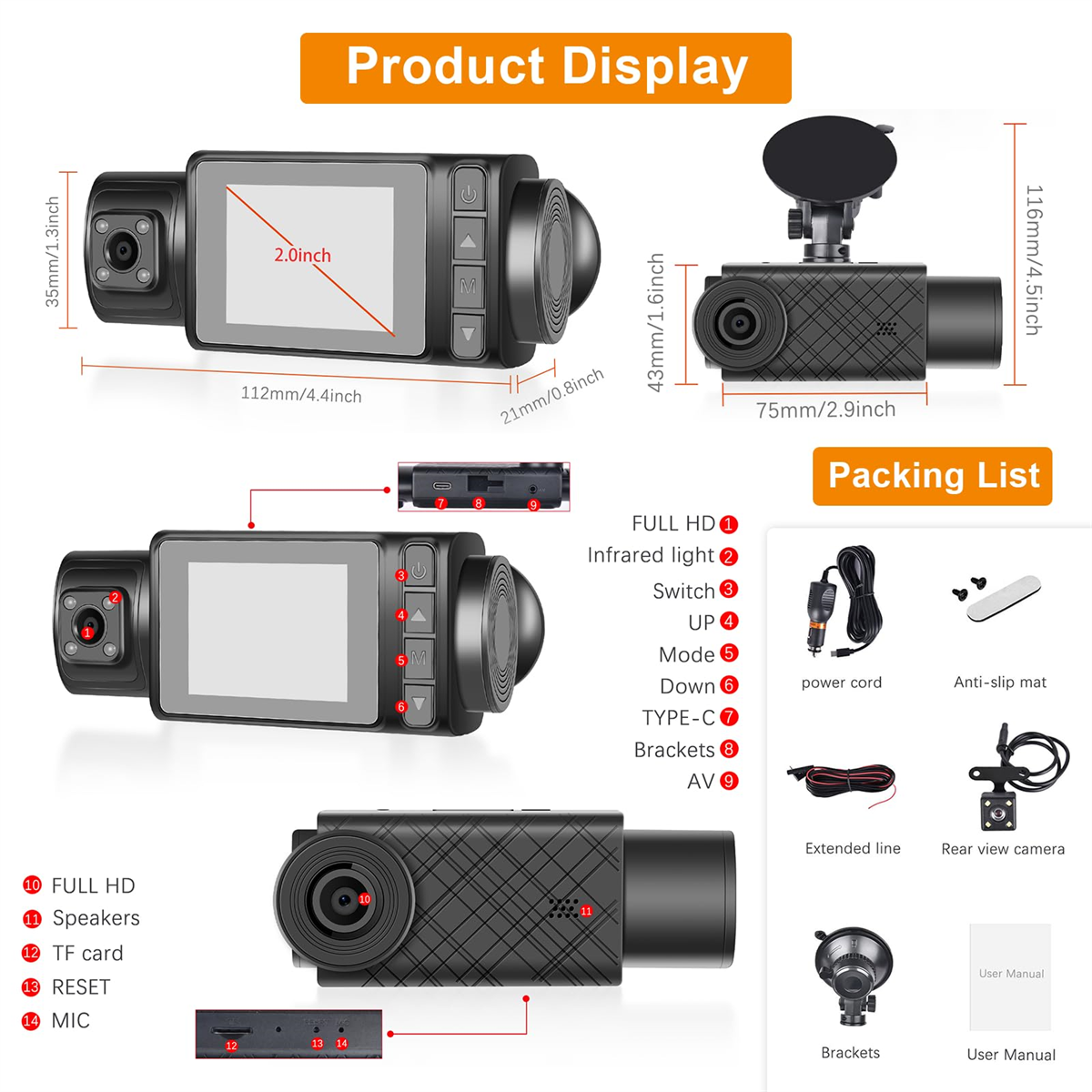 Produktdisplay mit Armaturenbrett-Kamera mit Abmessungen und Packliste mit Zubehör.