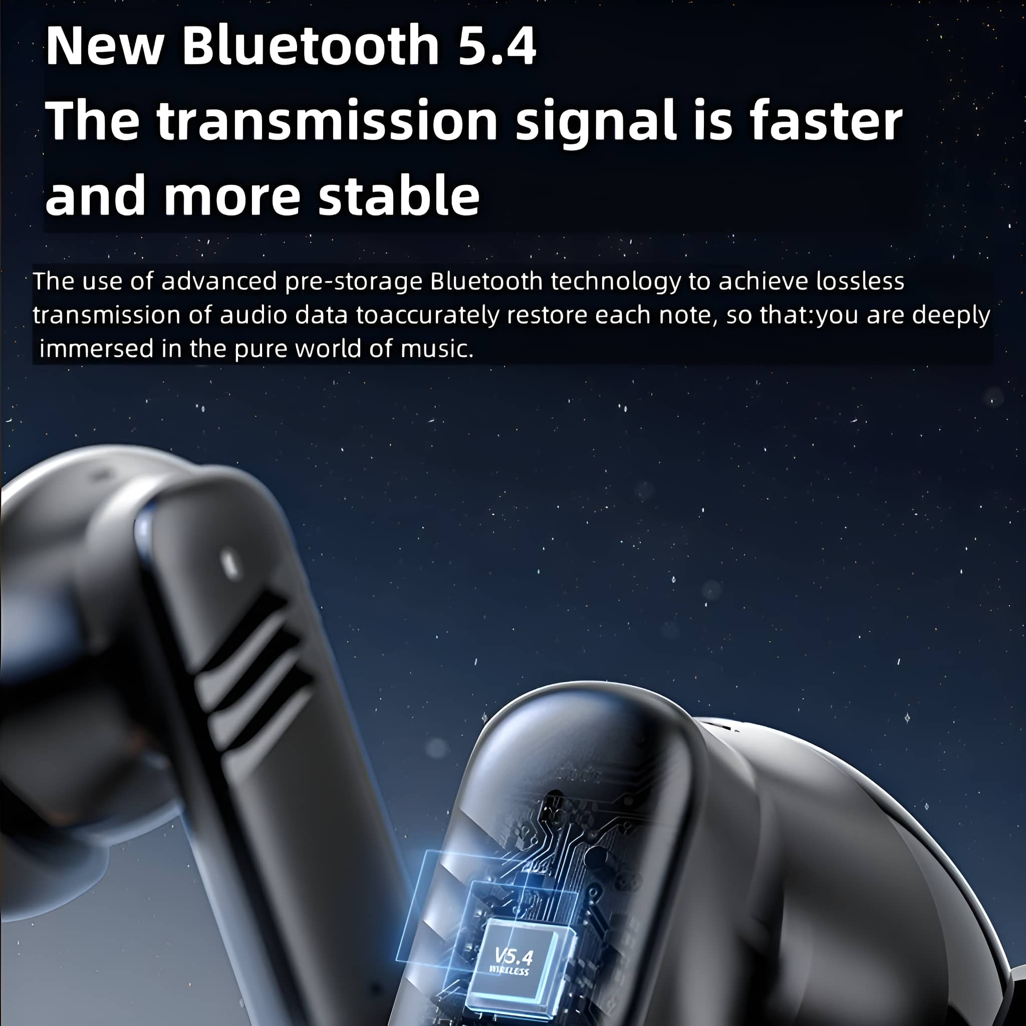 Kopfhörer mit Text: Neues Bluetooth 5.4, Übertragung ist schneller und stabiler. Nahaufnahme.
