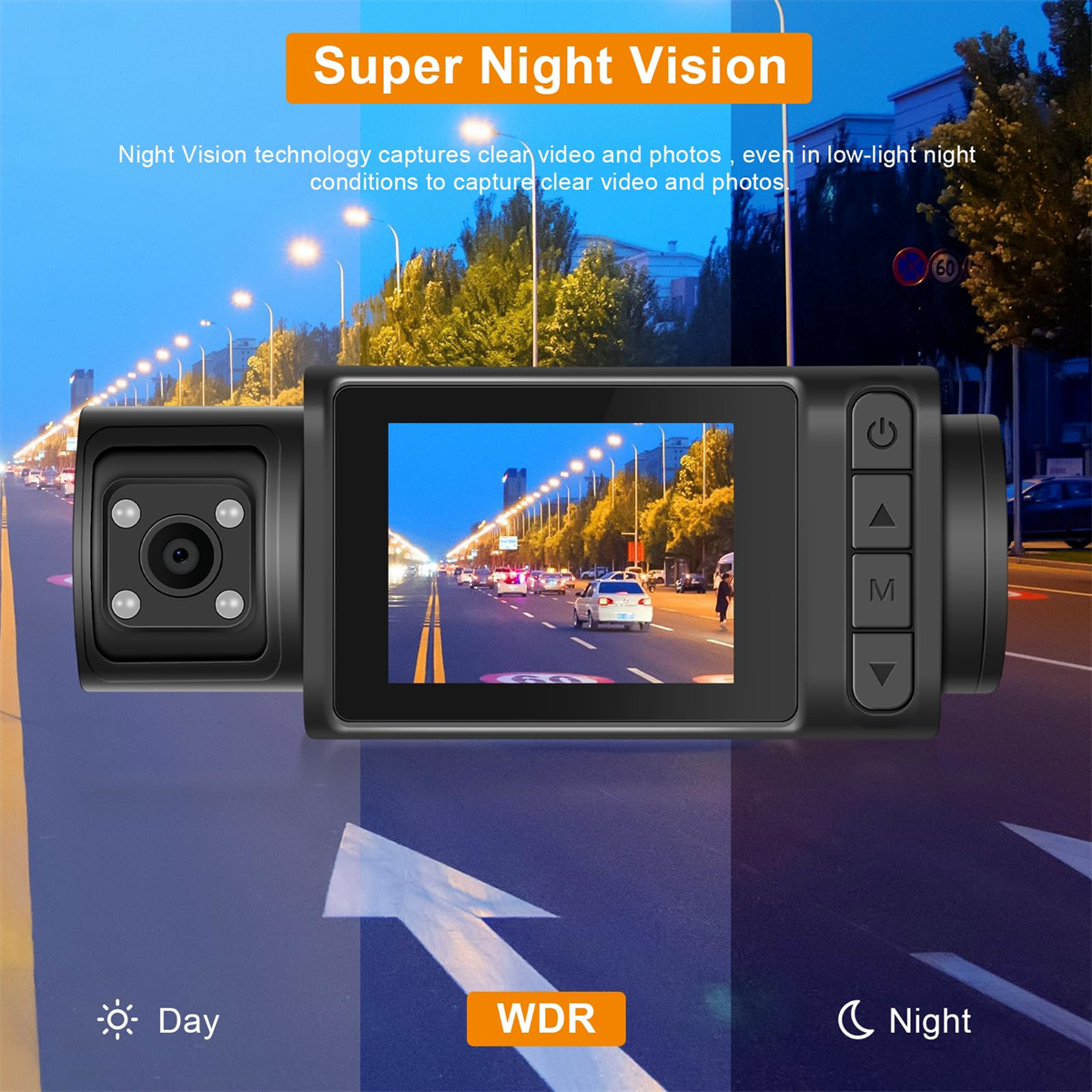 Auto-Dashcam, die eine Straßenszene mit Autos bei Nacht zeigt. Enthält Kamera, Bildschirm und Tasten mit Tag/Nacht-Symbolen.