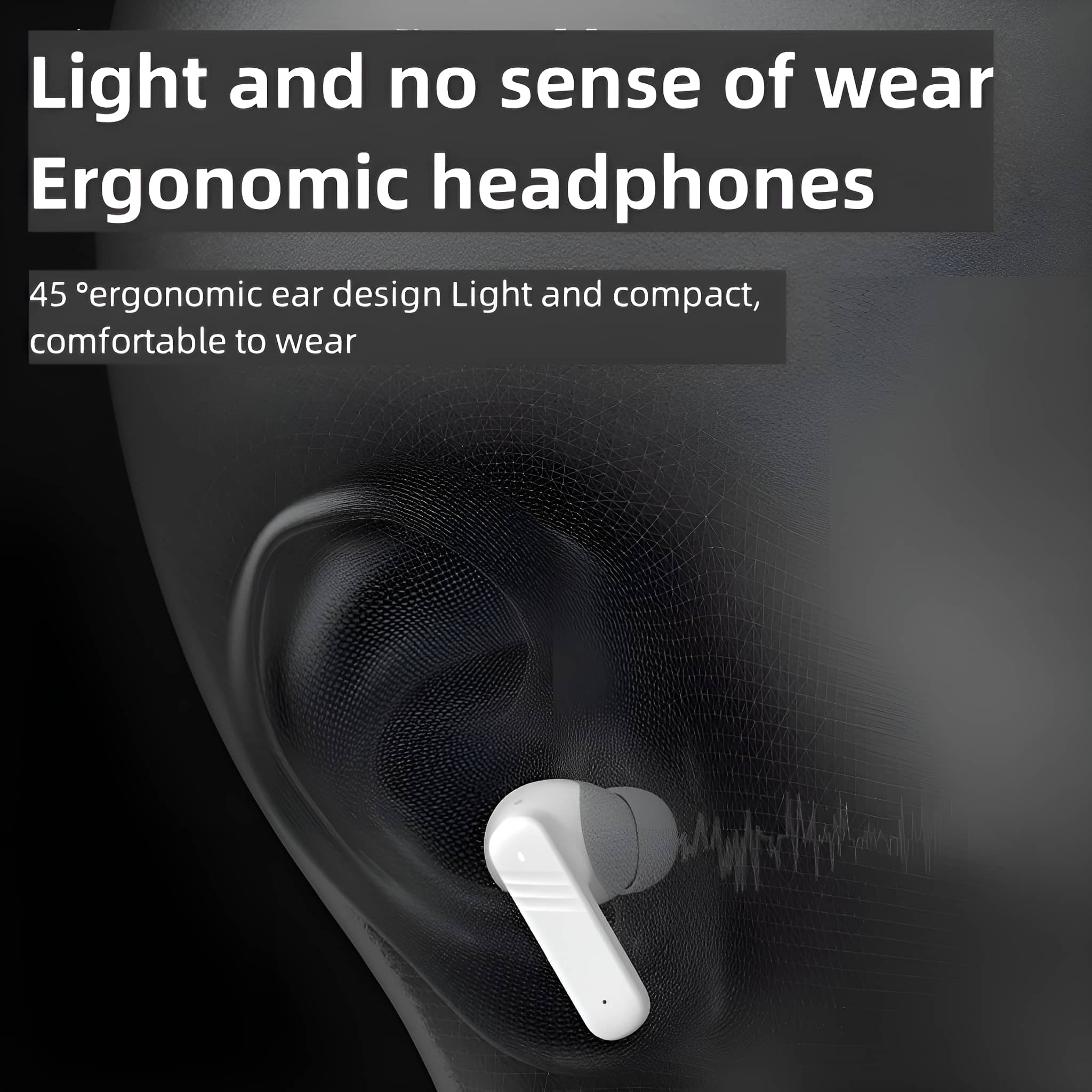 Nahaufnahme eines weißen und grauen Ohrhörers mit Text, der sein ergonomisches Design beschreibt.
