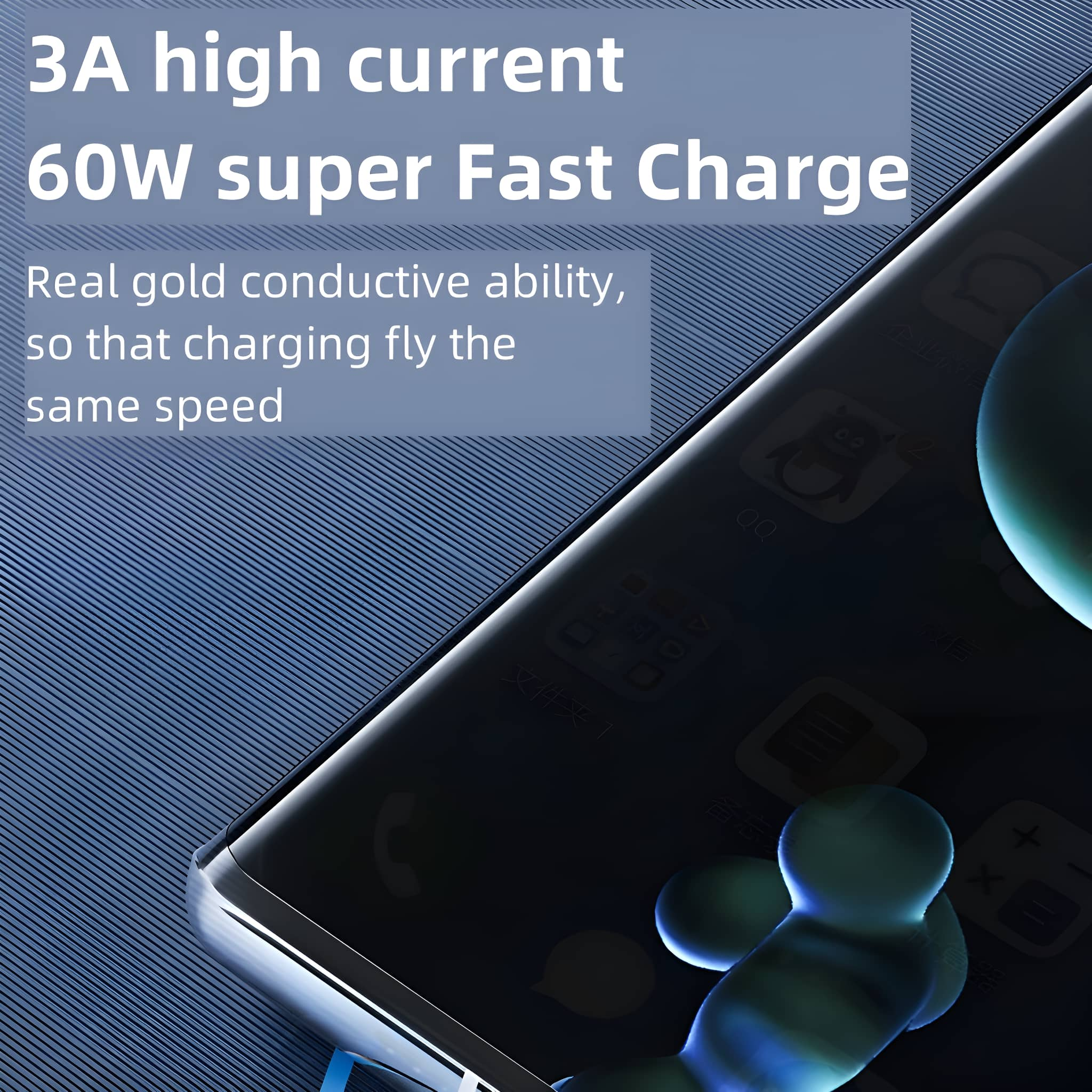 Ein Telefon mit Text auf dem Bildschirm. Text: 3A hoher Strom 60W super schnelles Laden. Blauer Hintergrund.