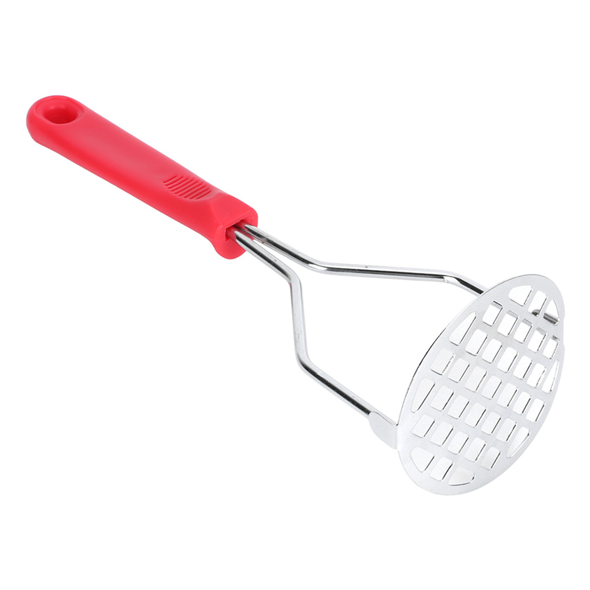 Ein Kartoffelstampfer mit rotem Griff und silbernem Stampfkopf.