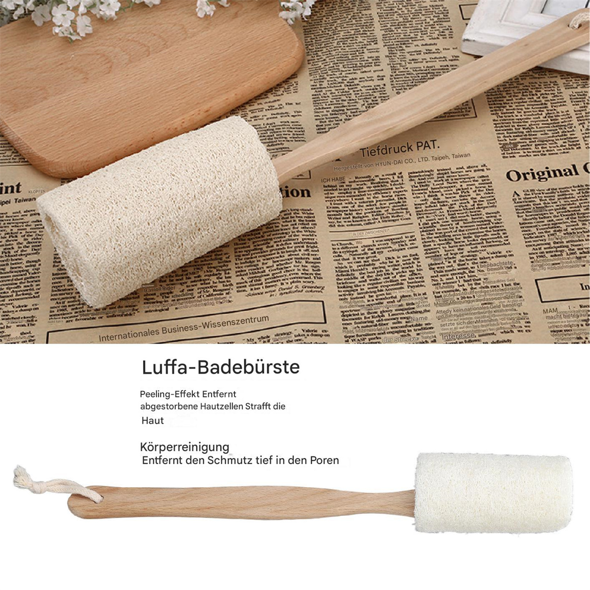 Eine Luffa-Badebürste mit Holzgriff liegt auf einer Zeitung mit Text und einem Holzbrett.