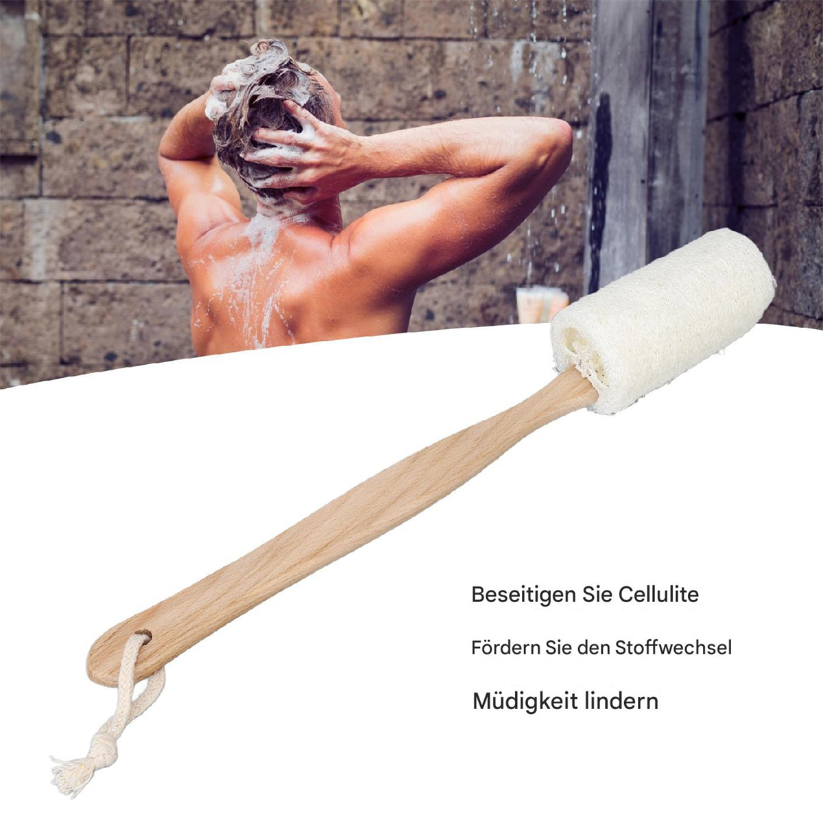 Eine Person wäscht sich die Haare unter der Dusche, im Vordergrund ein Luffa-Bürsten. Der Text lautet 'Cellulite beseitigen'.