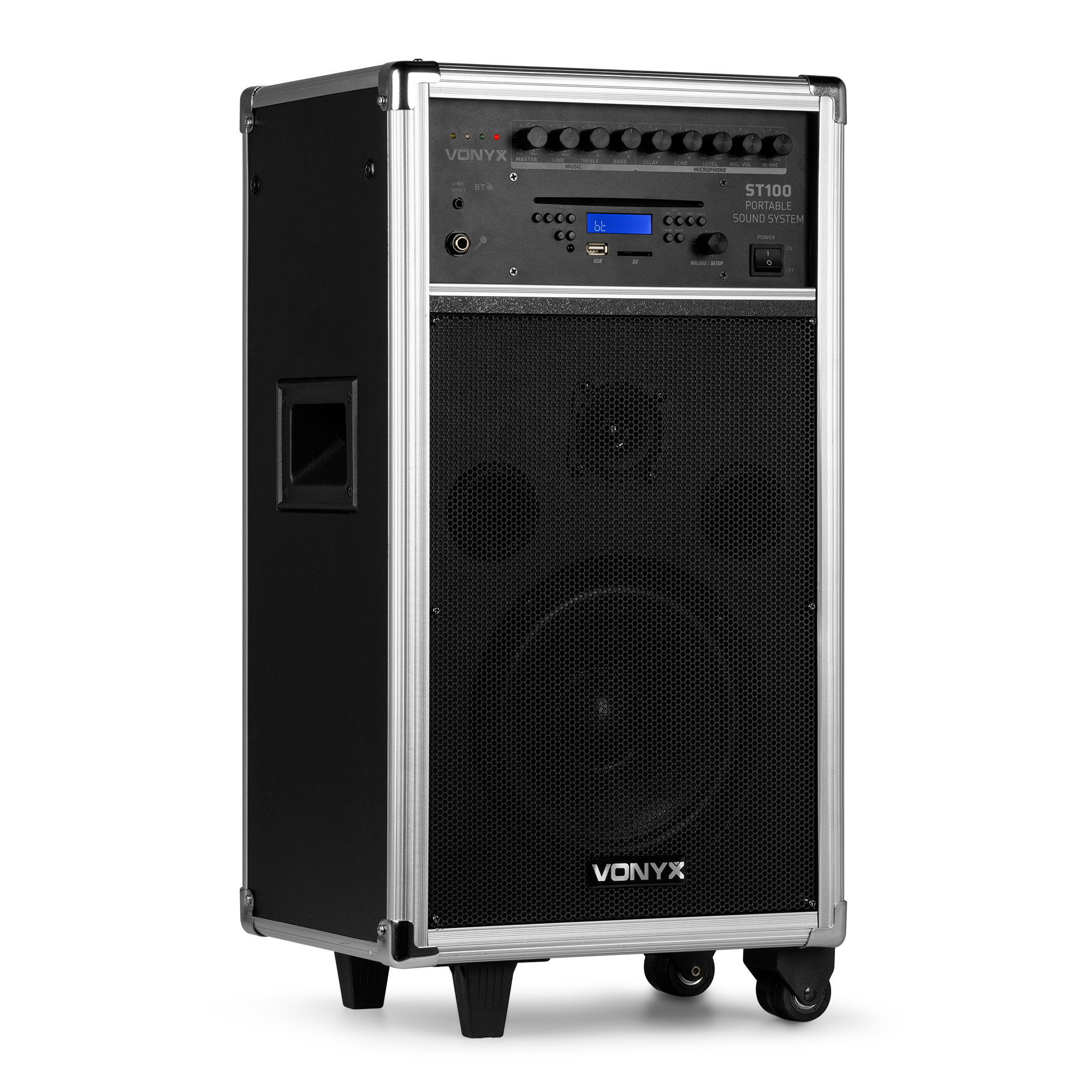 Altavoz negro y plateado con logotipo VONYX, controles y pantalla azul. Ruedas en la parte inferior.