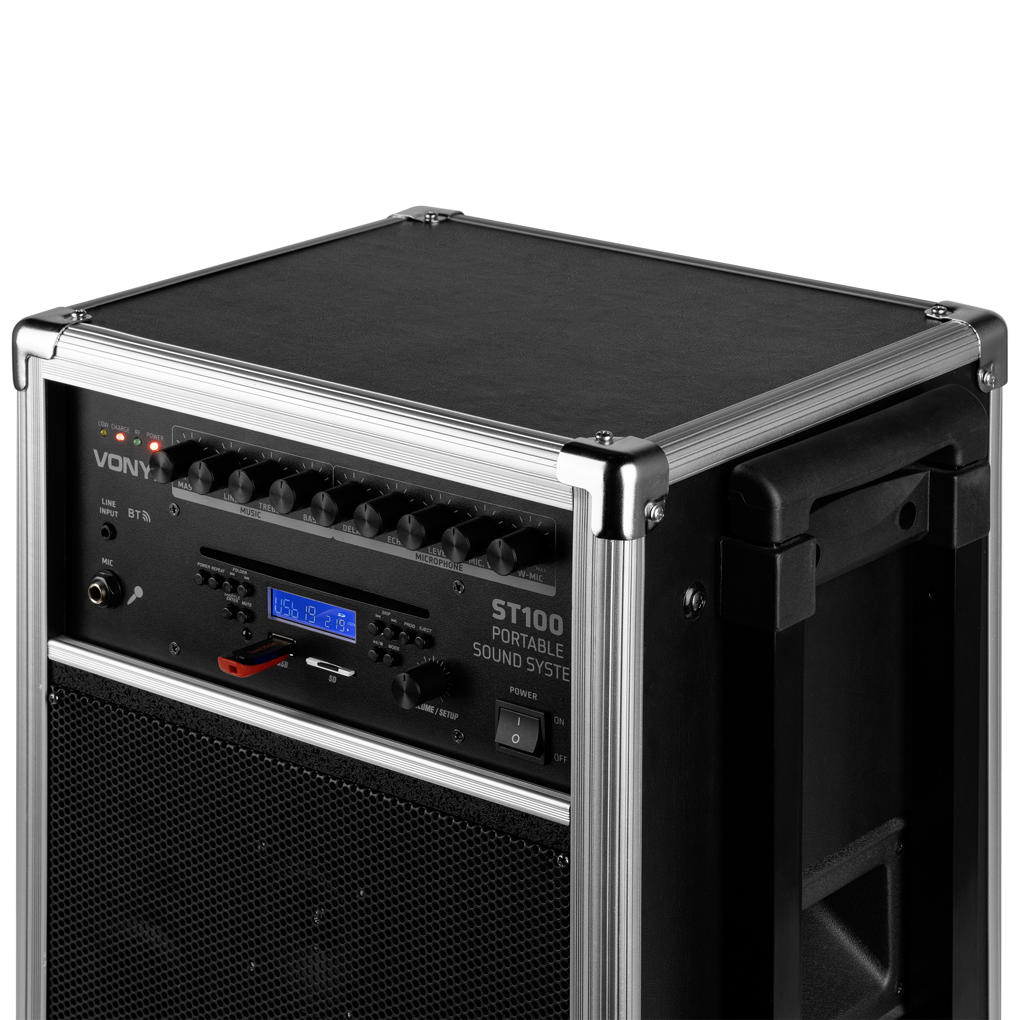 Sistema de sonido portátil negro con panel de control, USB y altavoz. Ribete plateado.