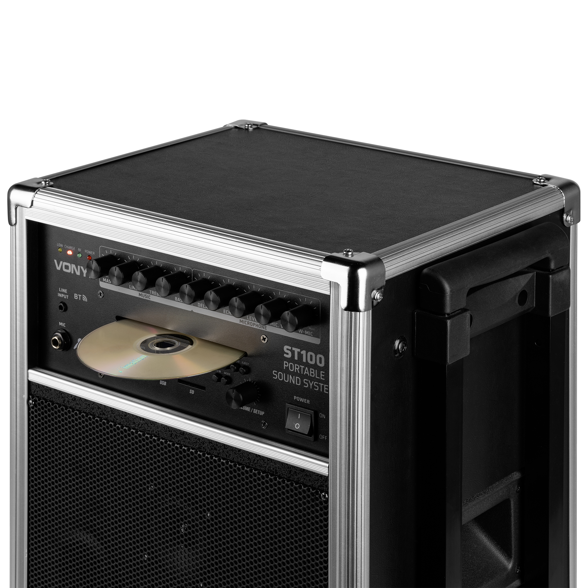 Sistema de sonido portátil con reproductor de CD. Diseño negro y plateado.