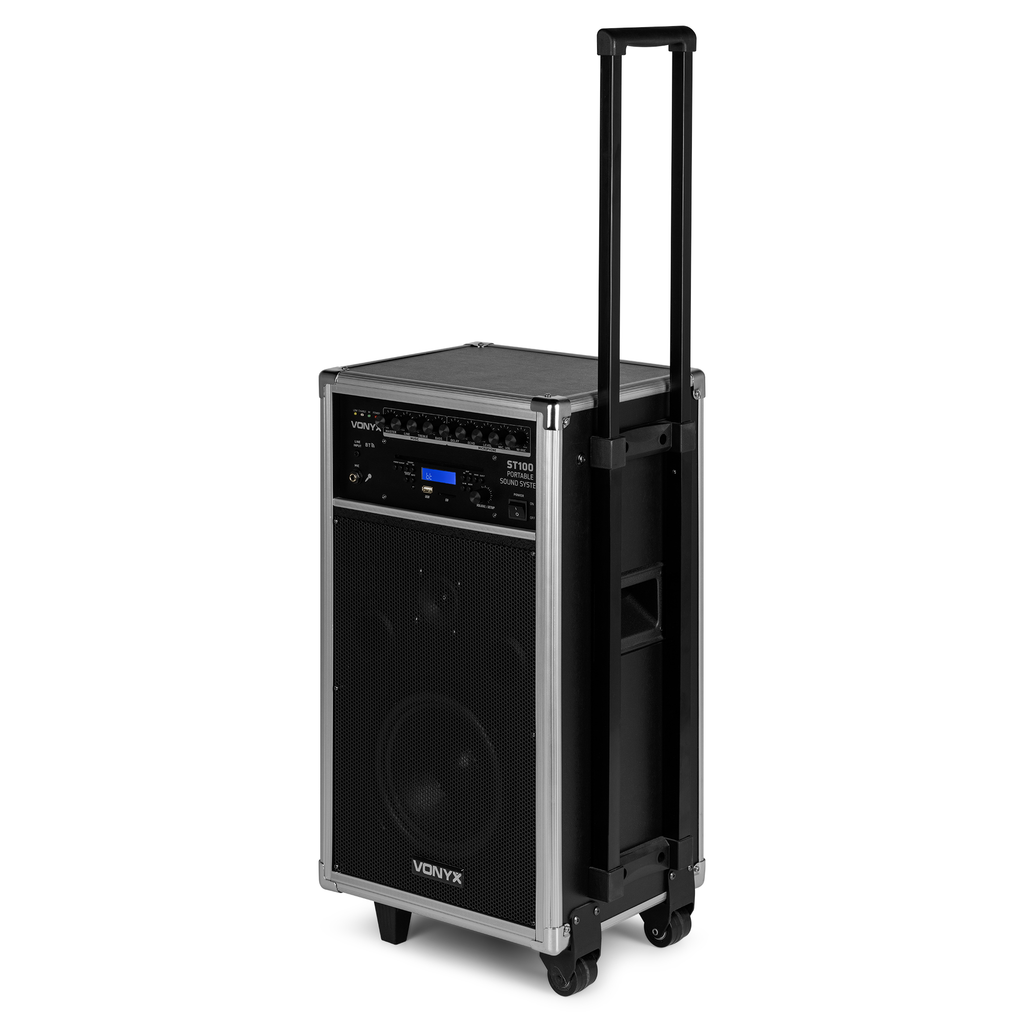 Altavoz portátil negro y plateado con asa y ruedas. Rejilla de altavoz negra.