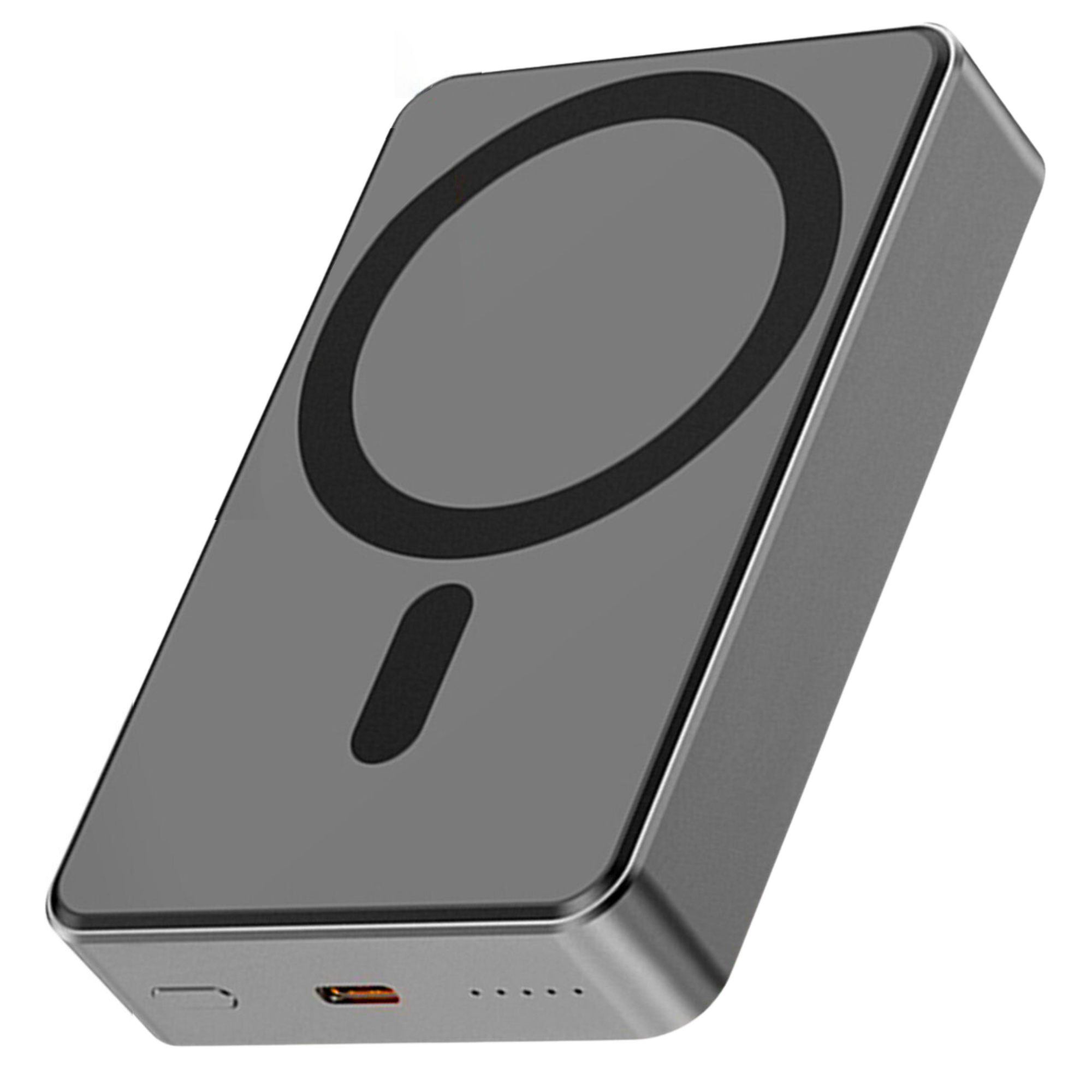 Graue rechteckige Powerbank mit schwarzem Kreis. Sie hat einen Ladeanschluss und Leistungsanzeigen.