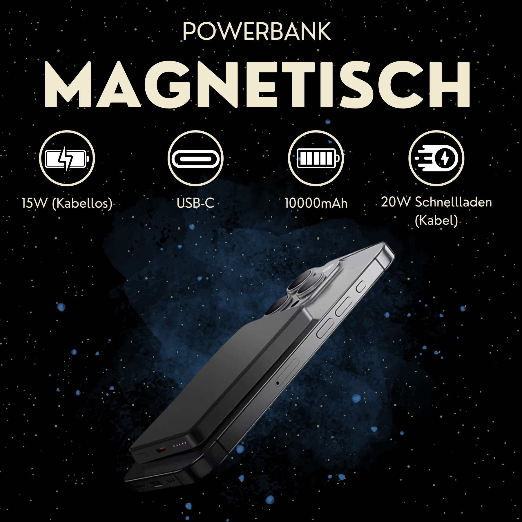 Schwarze Powerbank mit USB-C und kabellosem Laden. Text 'MAGNETISCH' und Spezifikationen.