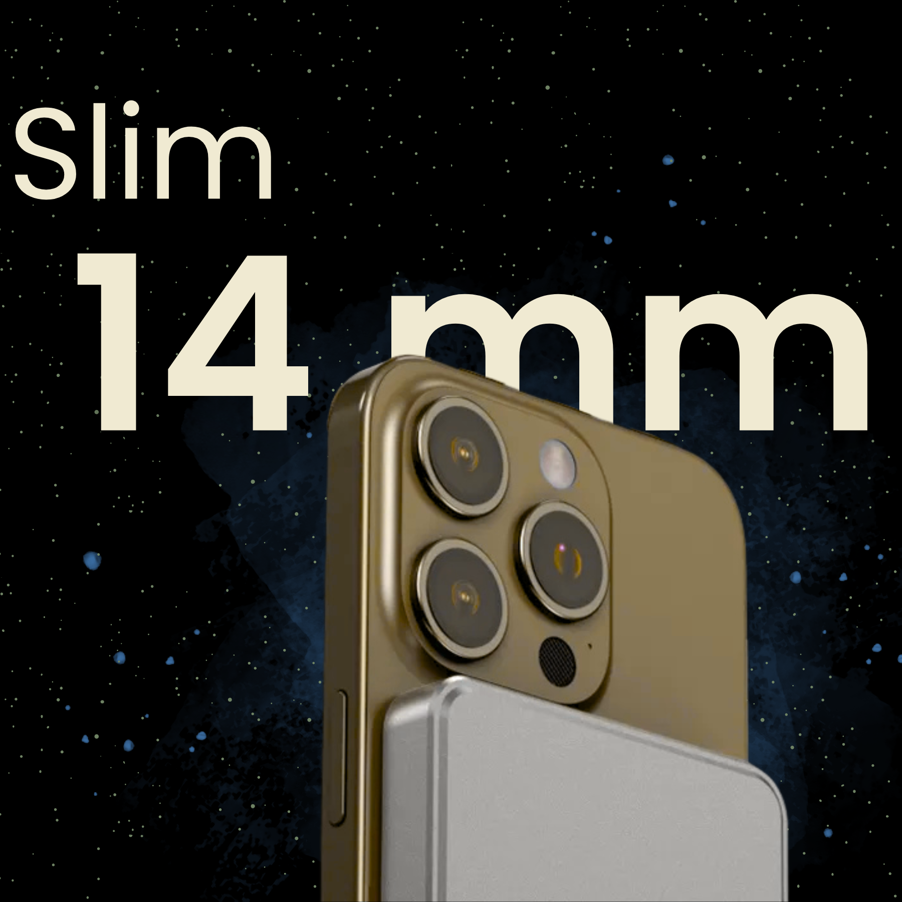 Goldenes Telefon, silbernes Gehäuse und das Wort "slim" in Weltraum-Hintergrund.