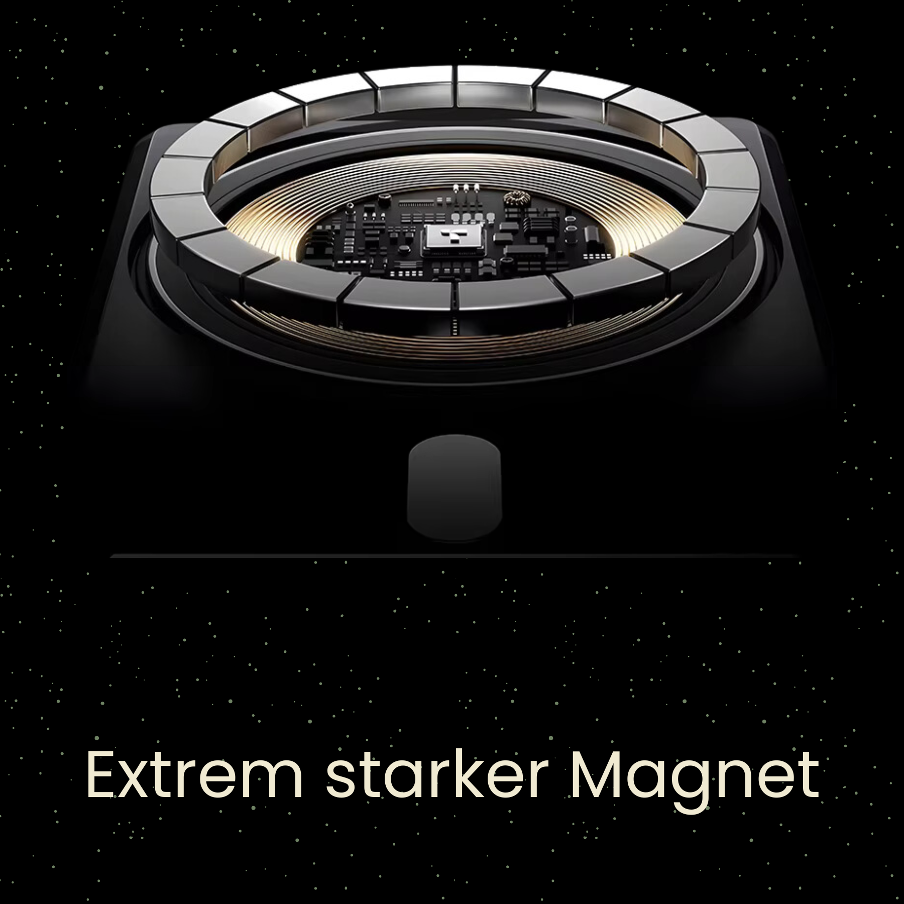 Ein schwarzes Gerät mit kreisförmigem Design und Text, der 'Extrem starker Magnet' sagt.
