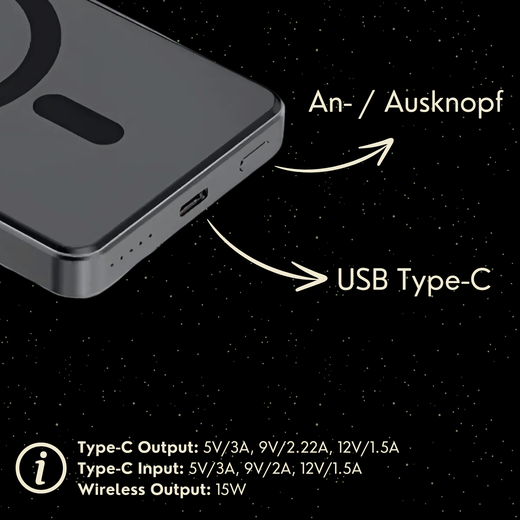 Nahaufnahme eines schwarzen Geräts mit USB-Anschluss, Ein-/Ausschalter und Textanmerkungen.