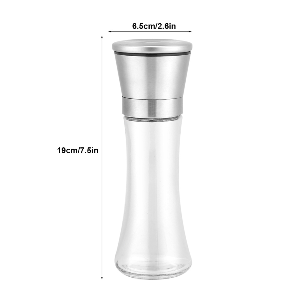 Eine gläserne Pfeffermühle mit den Abmessungen 19 cm/7,5 Zoll Höhe und 6,5 cm/2,6 Zoll Breite.