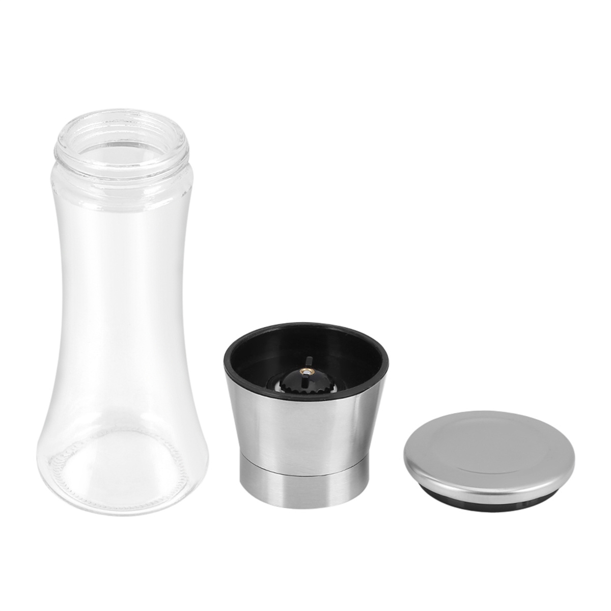 Glas-Gewürzmühlen-Komponenten: Glas, Mahlwerk und Deckel. Edelstahl- und Klarglasteile.