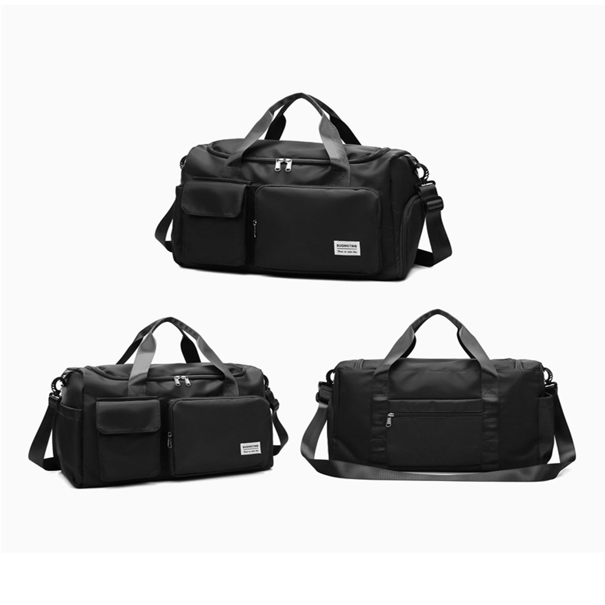 Drei schwarze Reisetaschen mit verschiedenen Taschenkonfigurationen auf weißem Hintergrund.