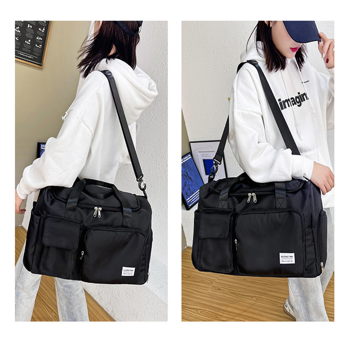 Zwei Frauen mit schwarzen Taschen, jeweils mit zwei Griffen und einer Fronttasche. Die Taschen sind auf den Schultern.