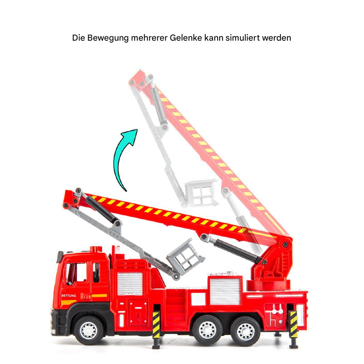 Ein rotes Spielzeug-Feuerwehrauto mit ausziehbarer Leiter. Die Leiter ist gelb und rot mit blauem Pfeil.