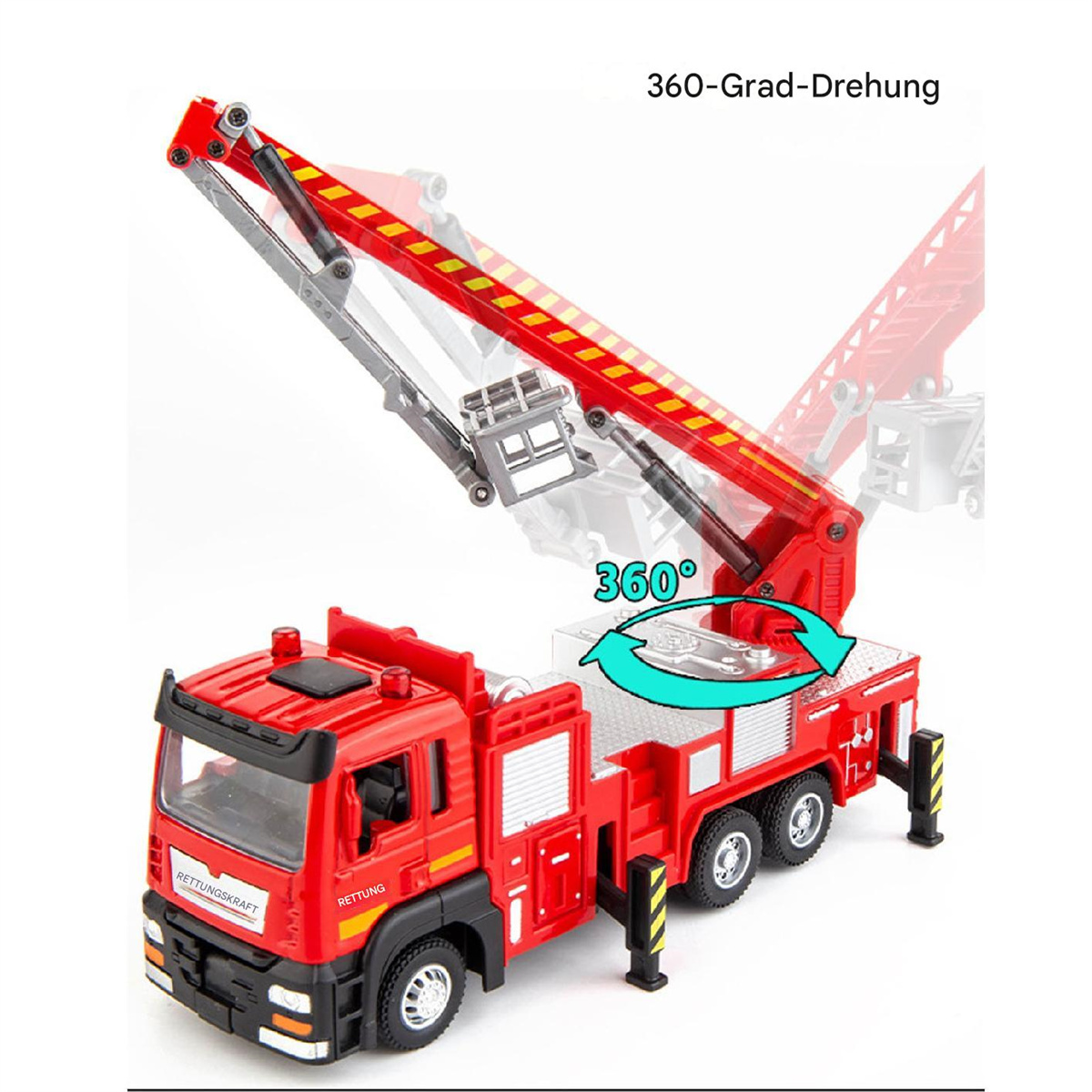 Ein rotes Feuerwehrautospielzeug mit ausgefahrener Leiter. Der Pfeil zeigt die 360-Grad-Drehung.