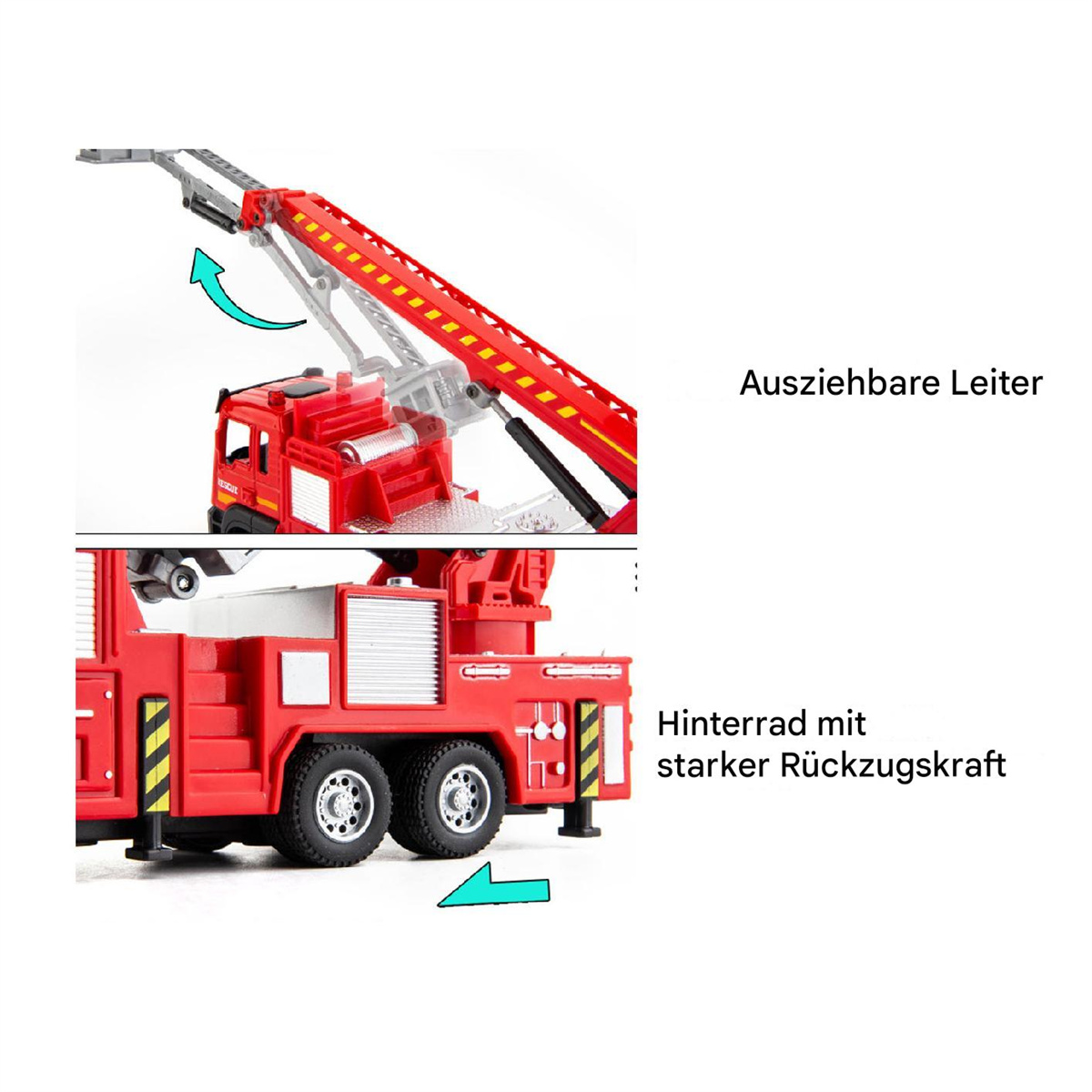 Roter Spielzeug-Feuerwehrwagen mit ausziehbarer Leiter, detaillierte Nahaufnahmen.