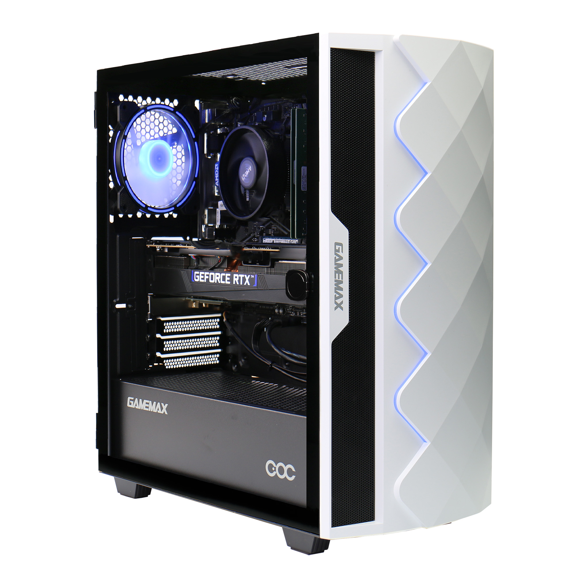 Un computer da gioco bianco con luci blu e un pannello laterale in vetro. Una ventola si illumina.
