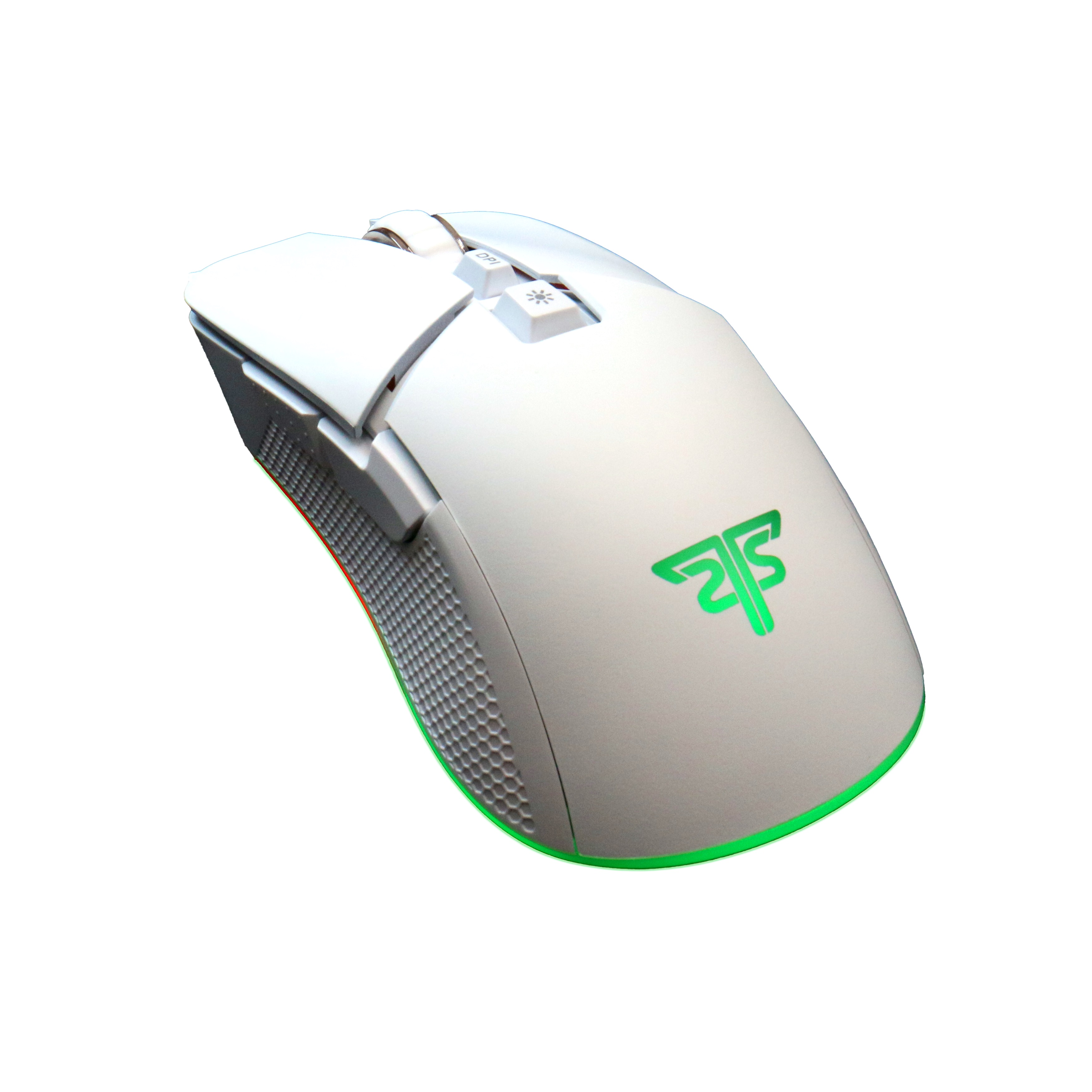 Mouse da gioco bianco con accenti e logo verdi. Vista angolata, sfondo bianco.