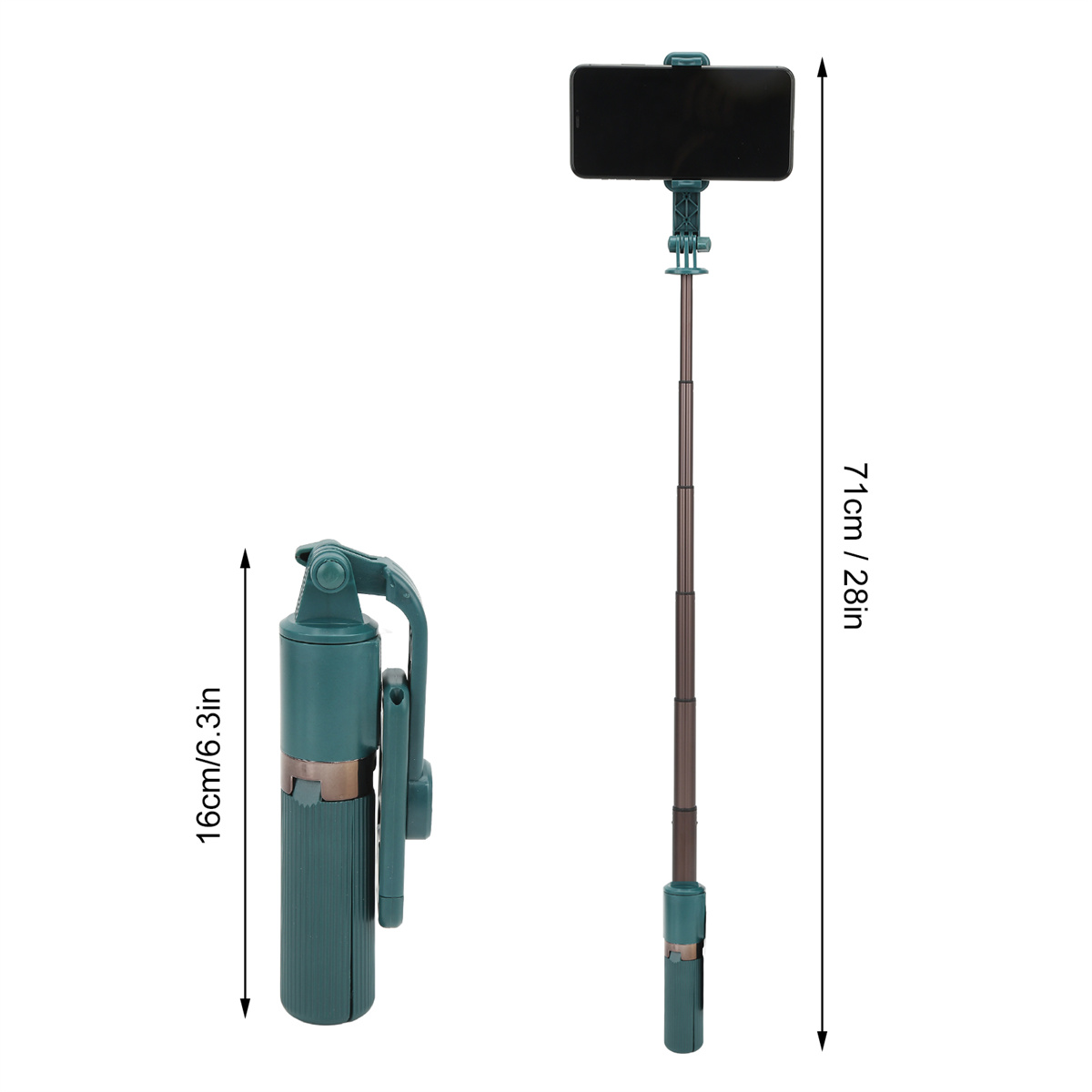Selfie-Stick und Telefonhalter mit Maßen, türkis und schwarz.