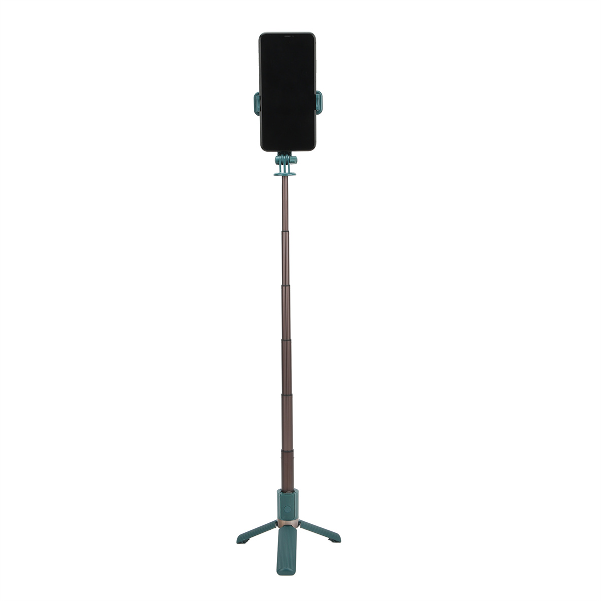 Ein teal-farbener und brauner Selfie-Stick mit einem angebrachten Telefon vor weißem Hintergrund.
