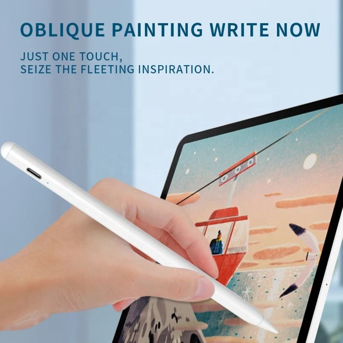 Eine Hand, die einen weißen Stift hält, schreibt auf ein Tablet mit Berglandschaft.