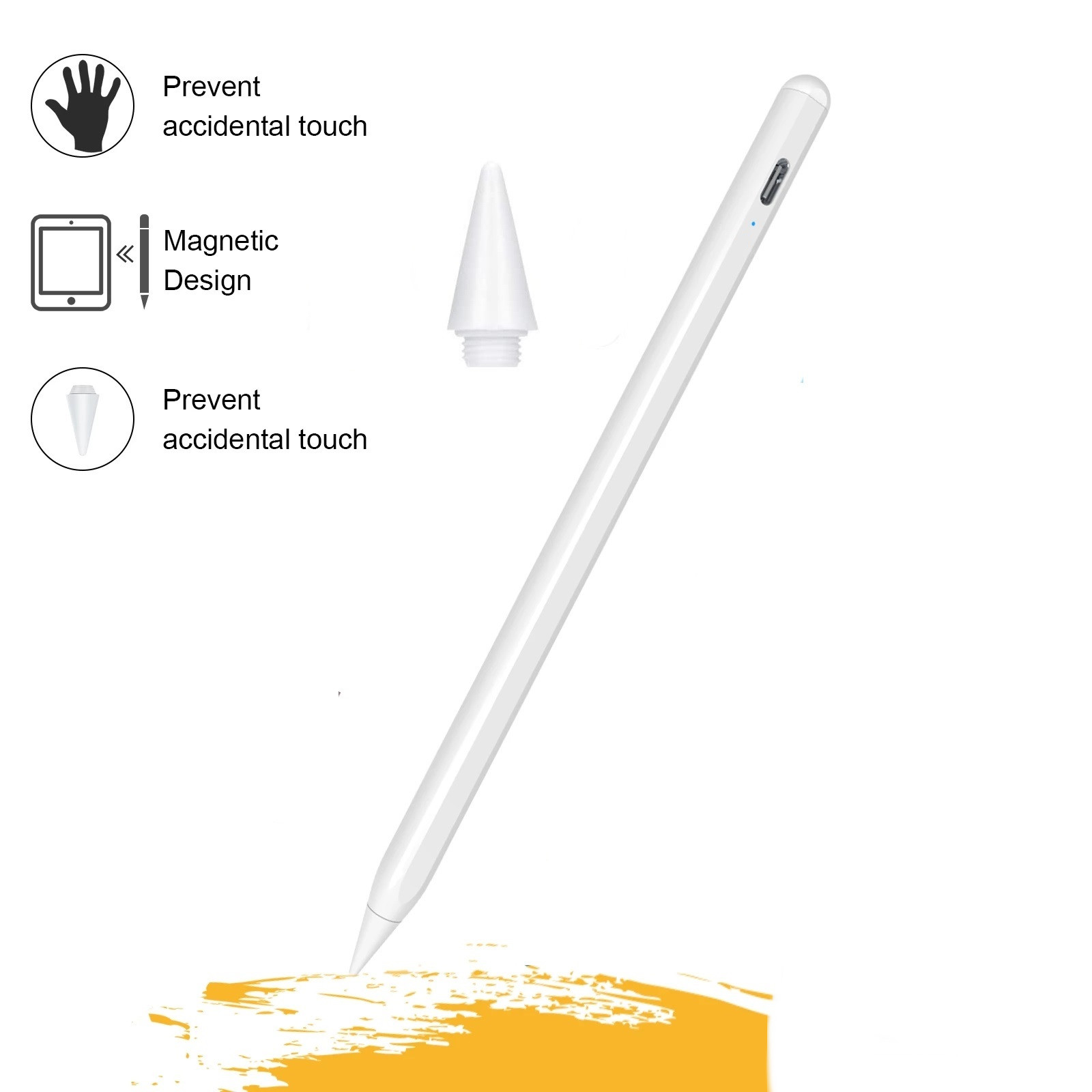 Weißer Stylus-Stift mit Kappe und Symbolen, die Funktionen anzeigen: magnetisches Design und Anti-Touch. Gelber Hintergrund.