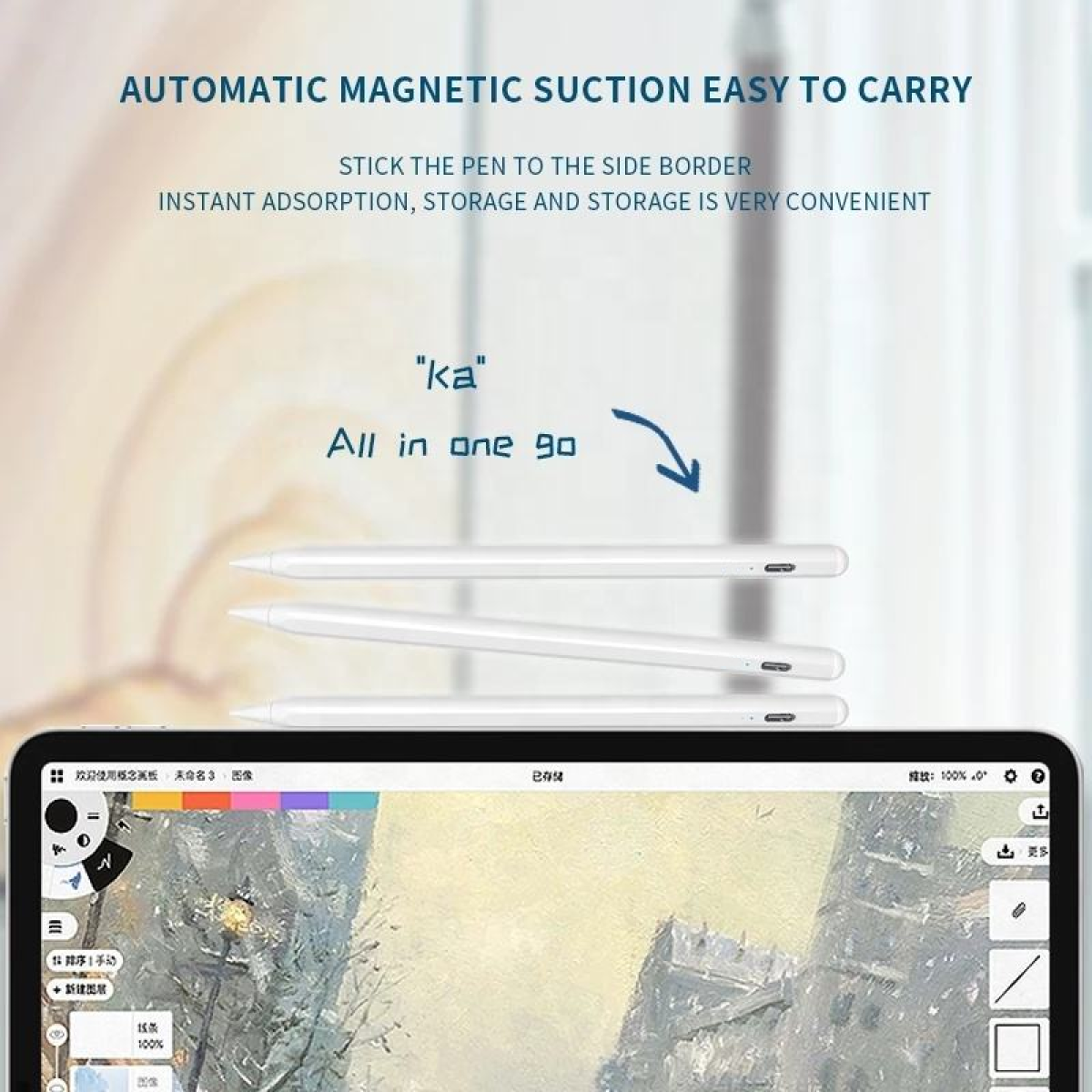 Weiße Stifte auf Tablet, Text zum magnetischen Saugen und einfachem Tragen.
