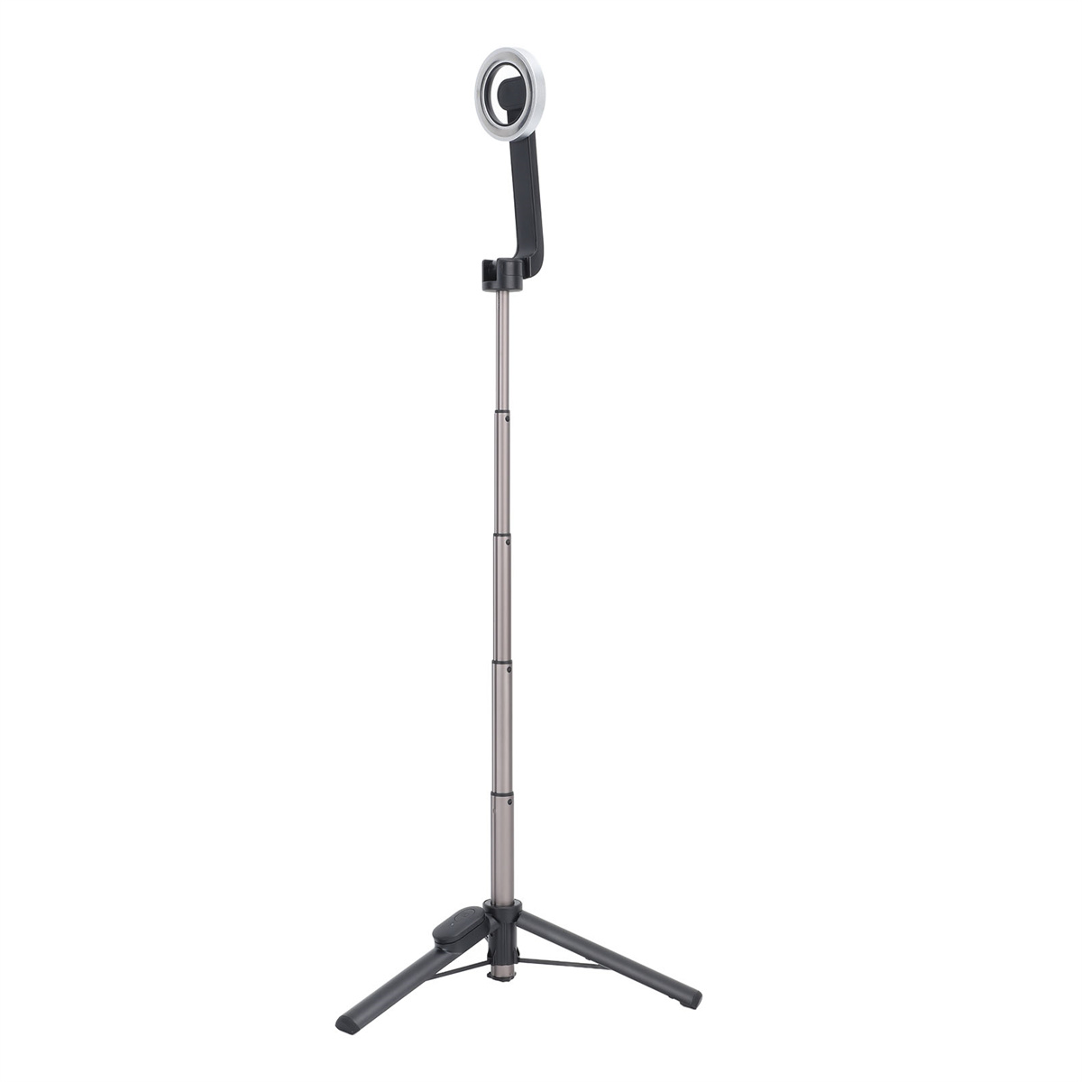 Selfie-Stick mit Ringlicht, auf weißem Hintergrund.