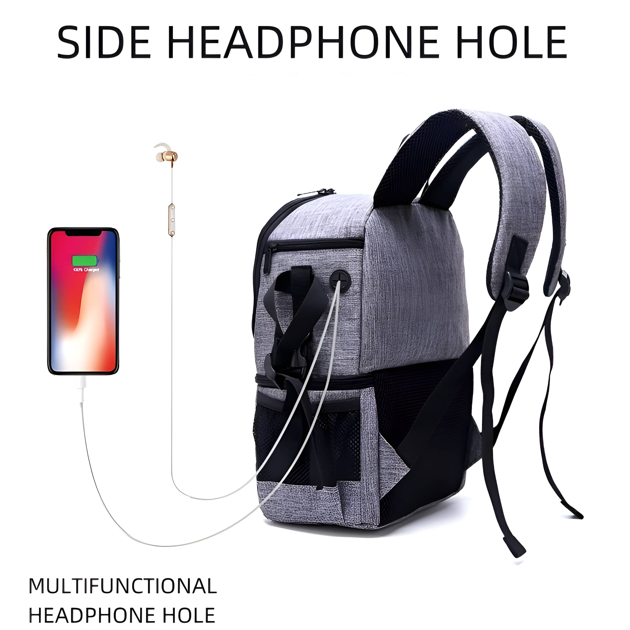 Grauer Rucksack mit Kopfhörerloch, Telefon lädt. Weißer Hintergrund.
