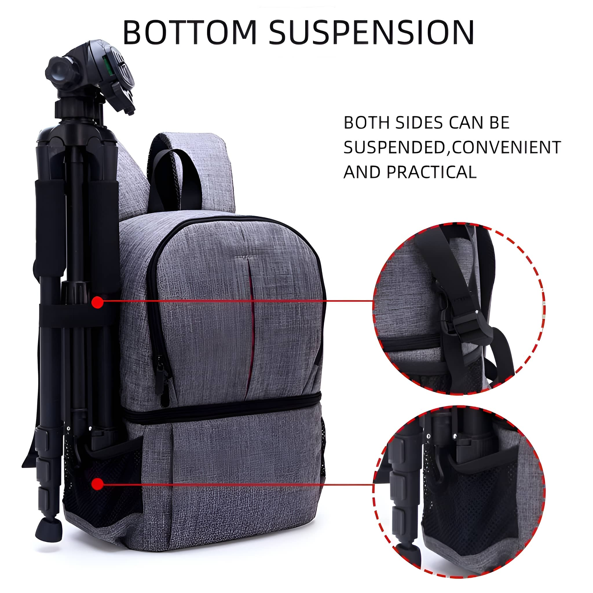Grauer Rucksack mit Stativ befestigt. Text hebt praktische und bequeme Eigenschaften hervor.
